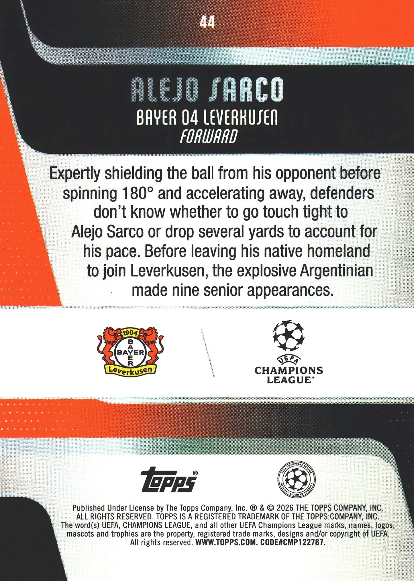 2025 Topps UCC Alejo Sarco RC #44 Bayer Leverkusen