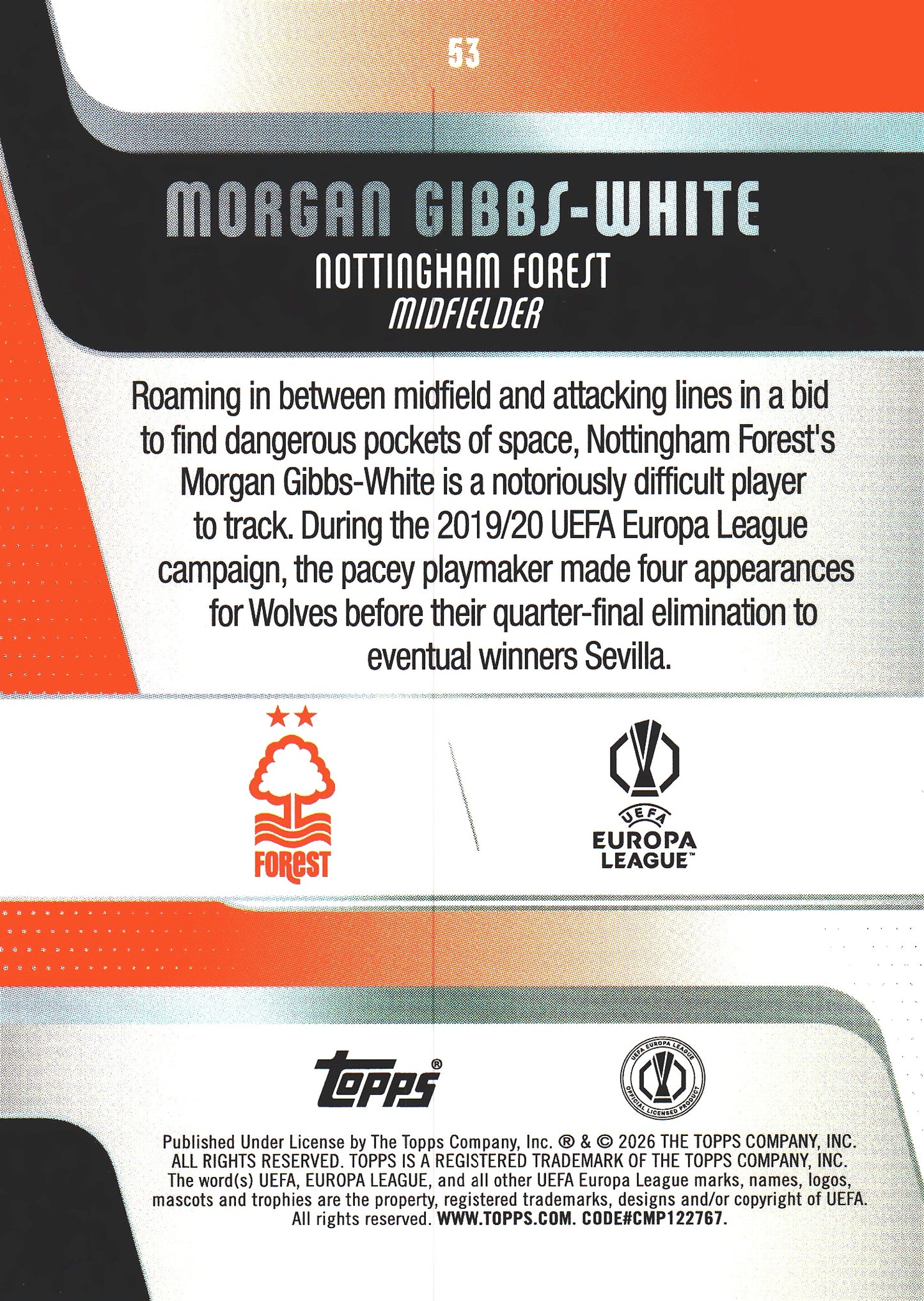 2025 Topps UCC Morgan Gibbs-White #53 Nottingham Forest