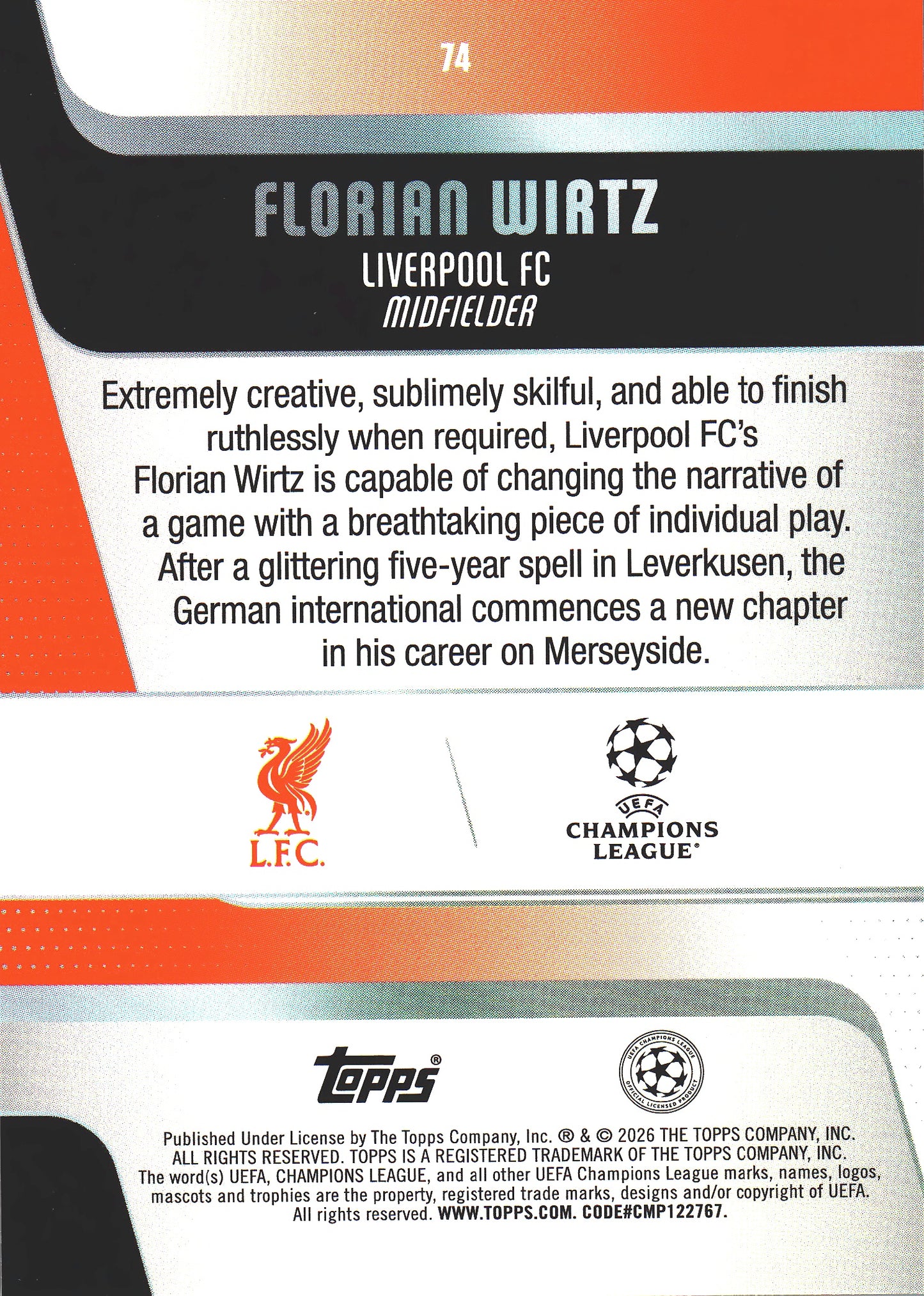 2025 Topps UCC Florian Wirtz #74 Liverpool