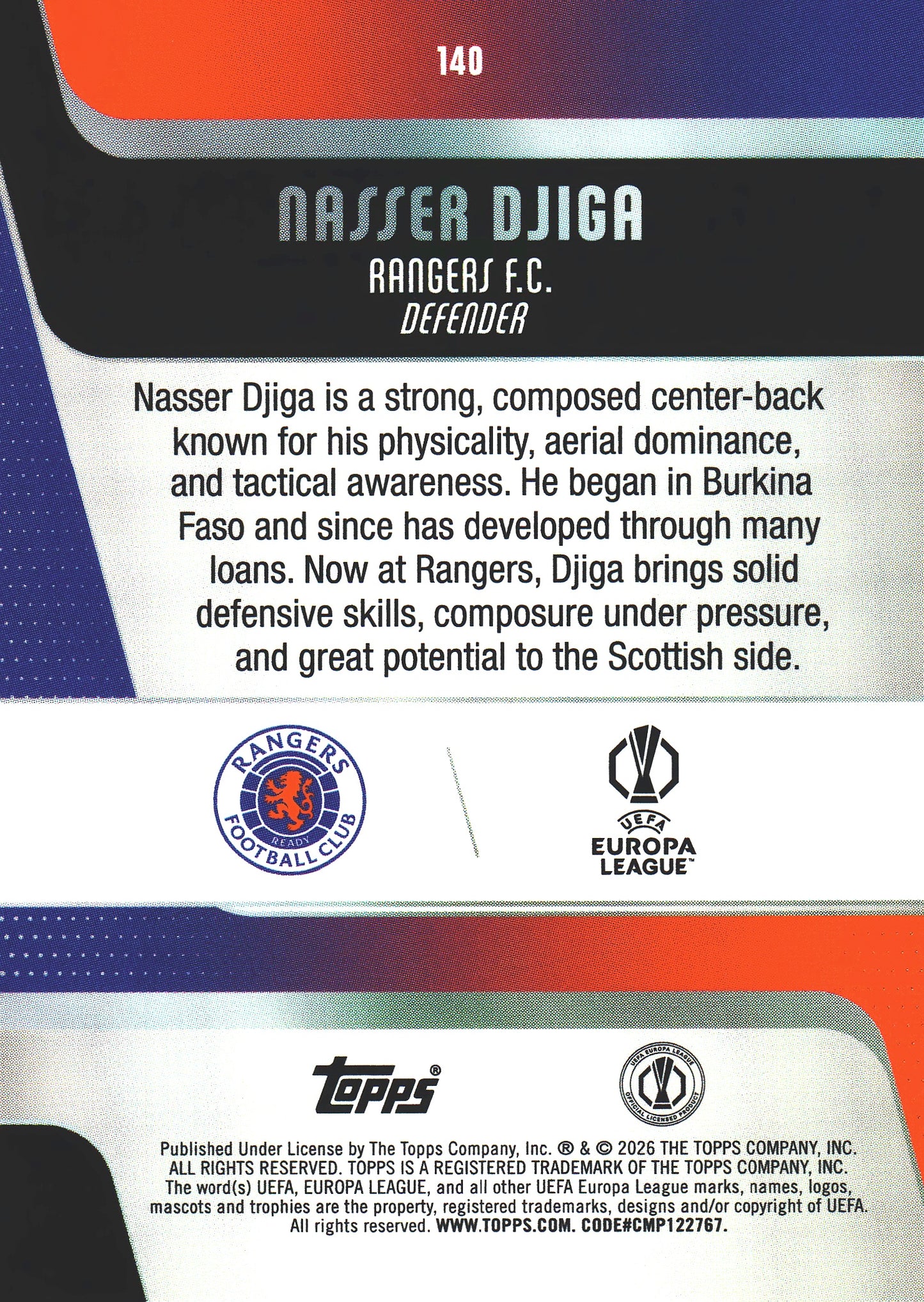 2025 Topps UCC Nasser Djiga #140 Glasgow Rangers