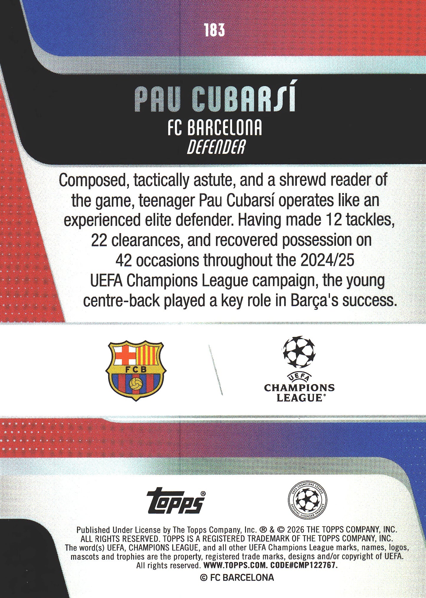 2025 Topps UCC Pau Cubarsi #183 FC Barcelona