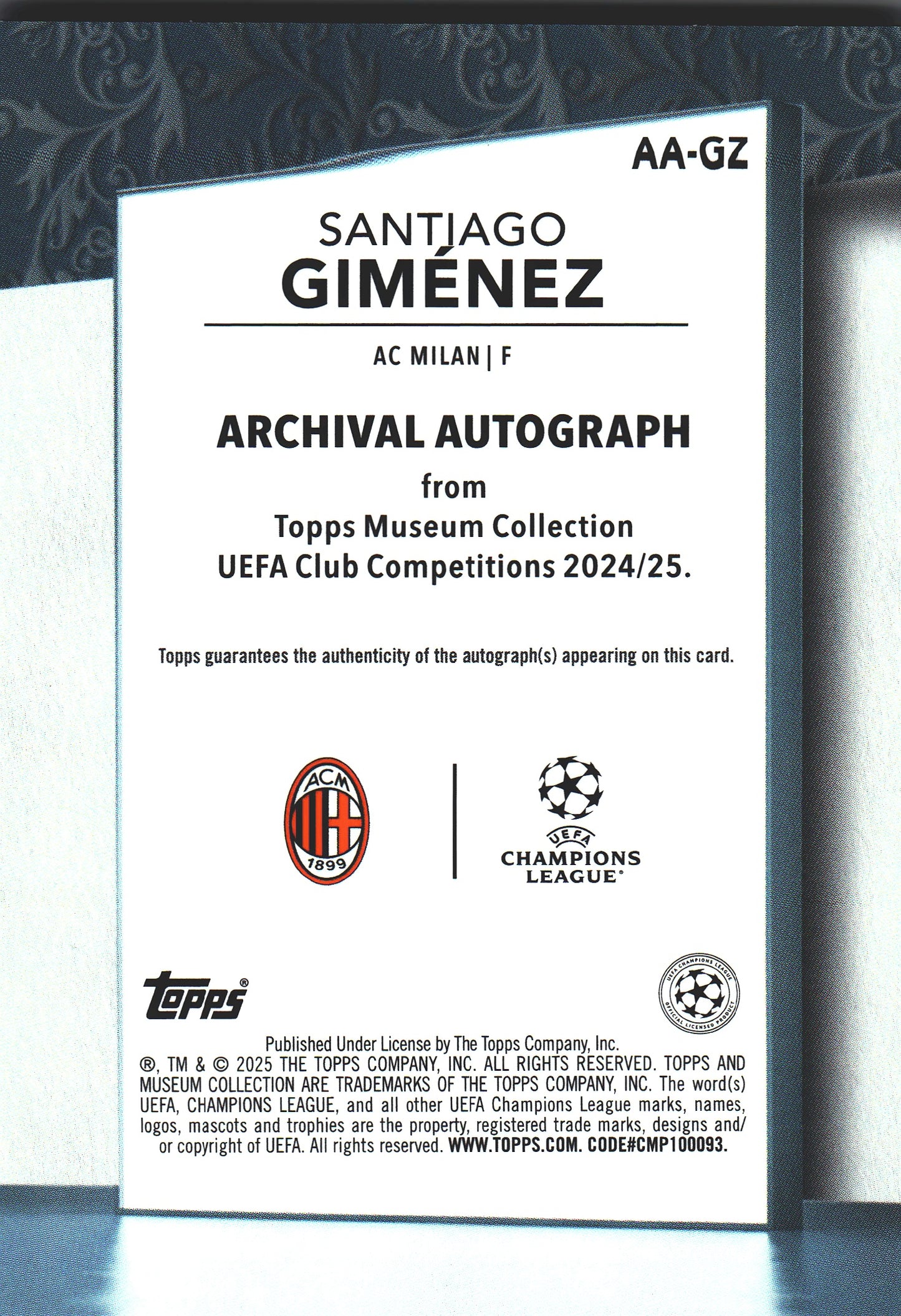 2024 Topps Museum Santiago Gimenez Auto /99 #AA-GZ AC Milan