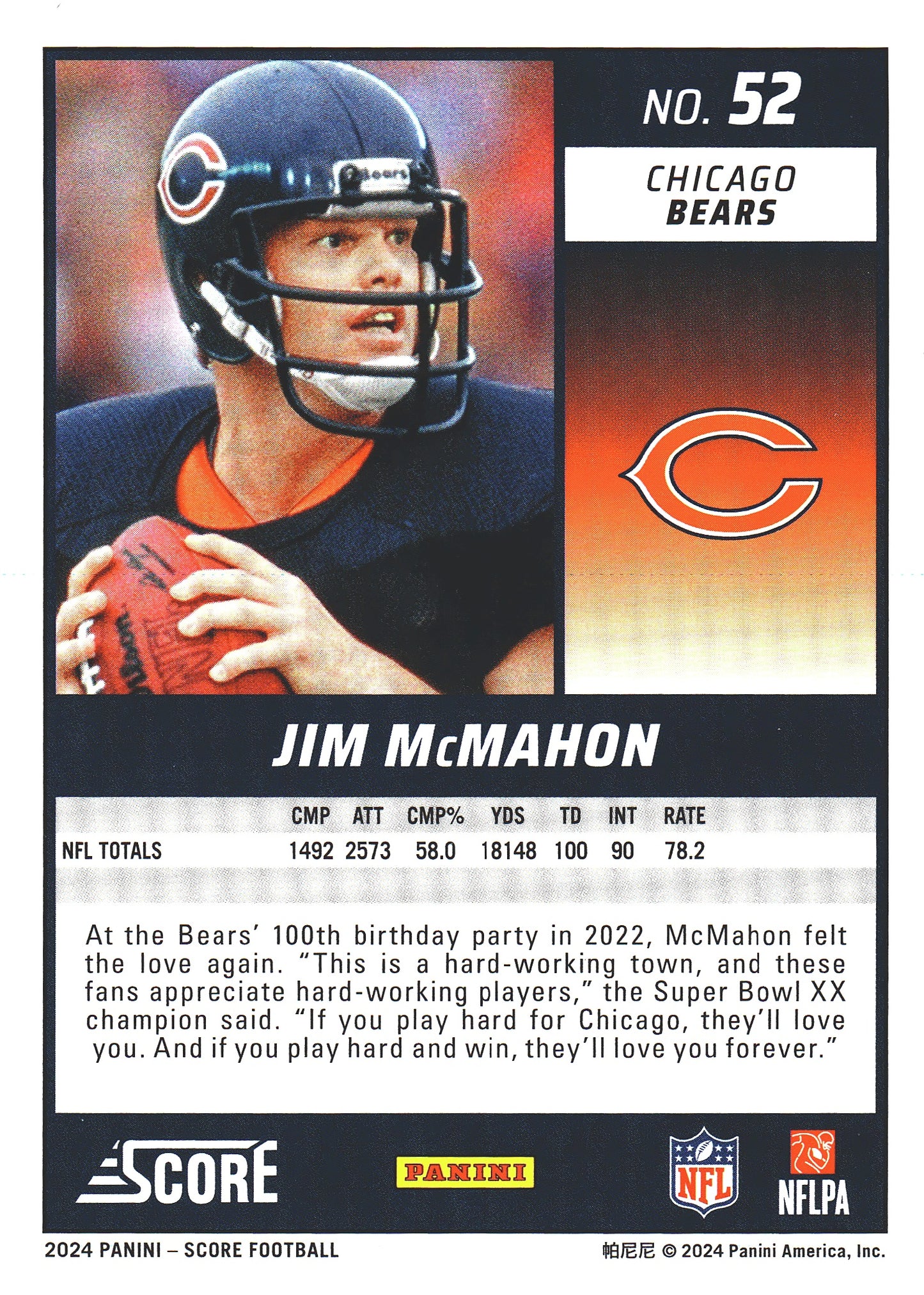 2024 Panini Score Jim McMahon #52 Chicago Bears