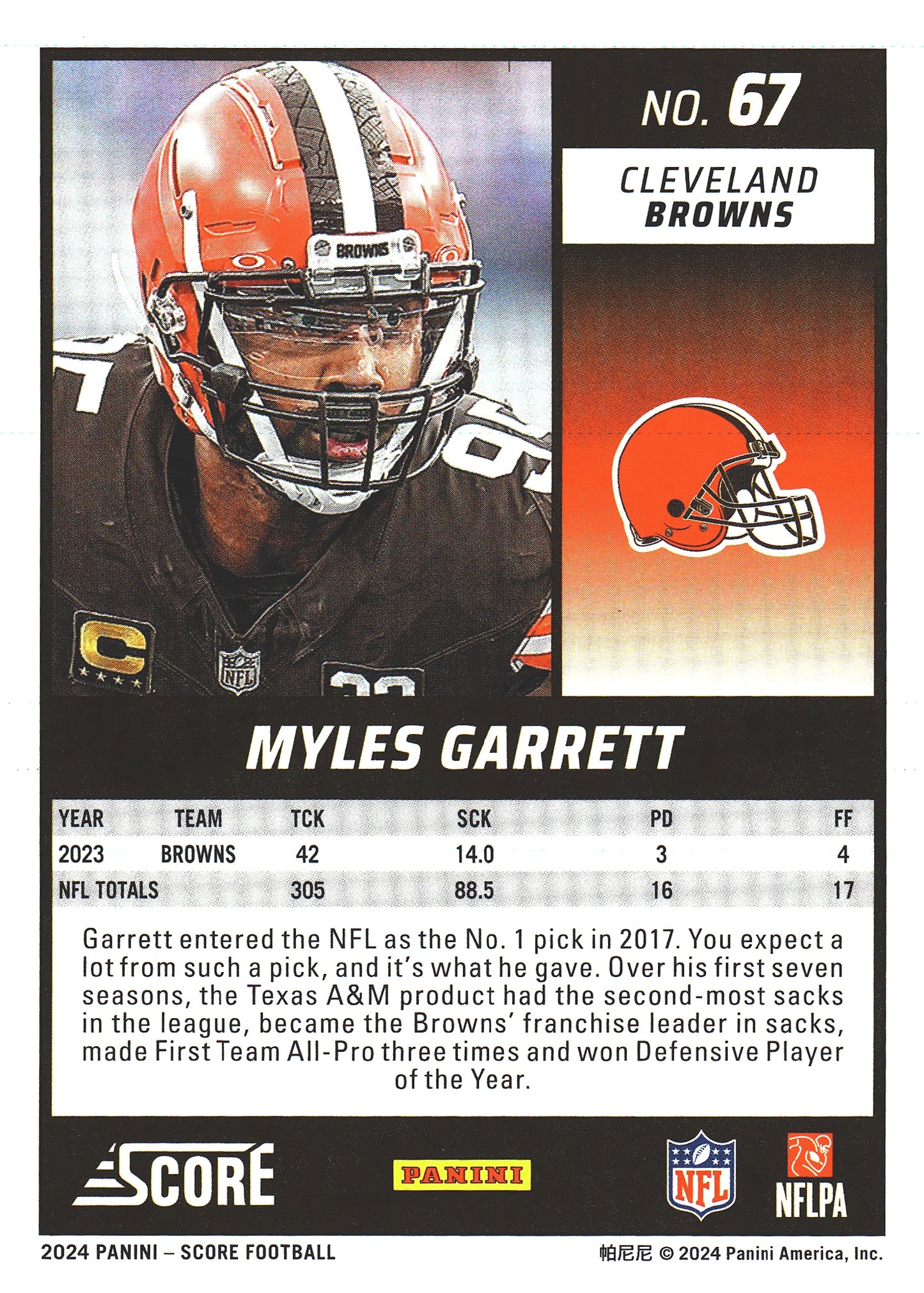 2024 Panini Score Myles Garrett #67 Cleveland Browns