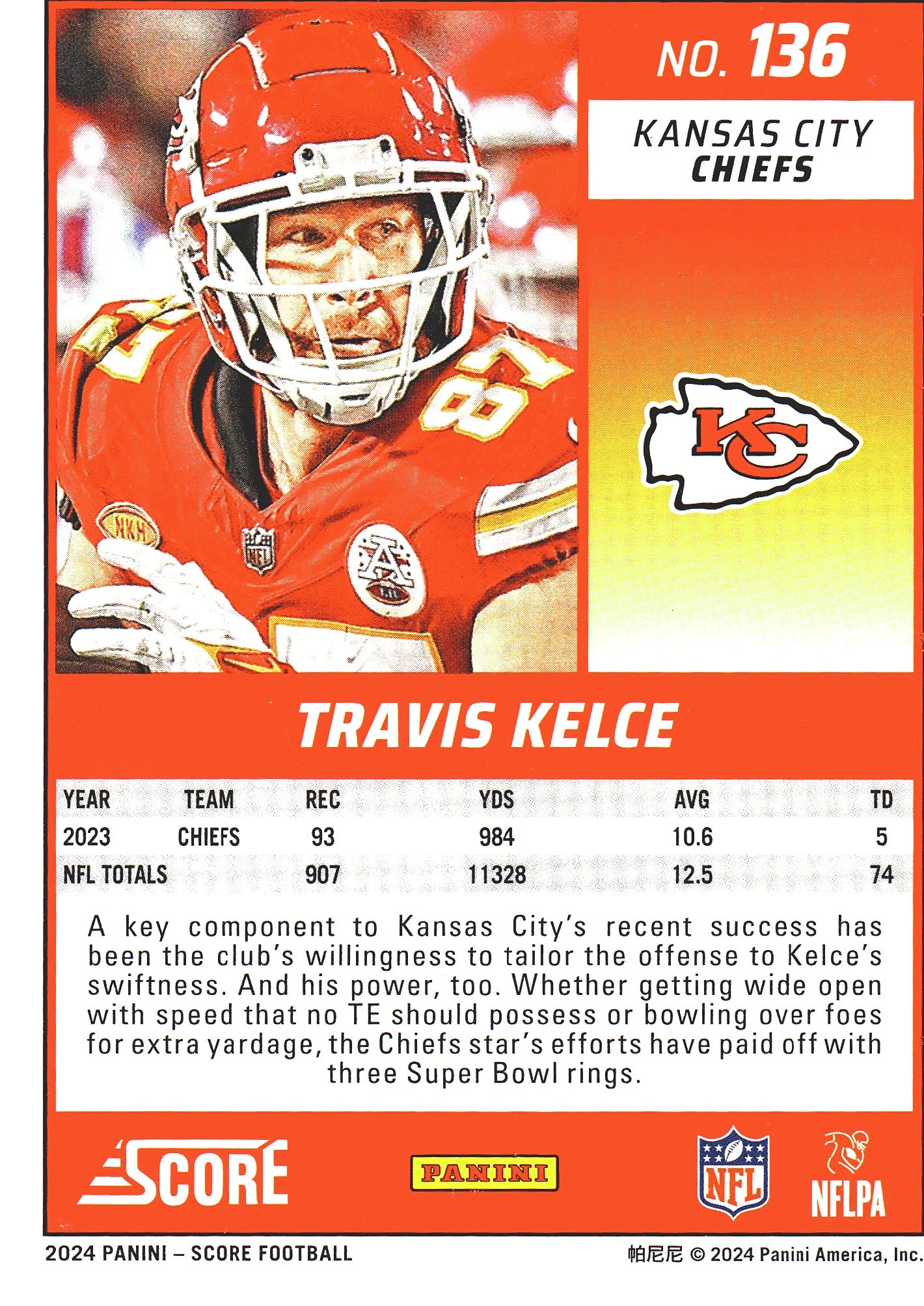 2024 Panini Score Travis Kelce #136 Kansas City Chiefs