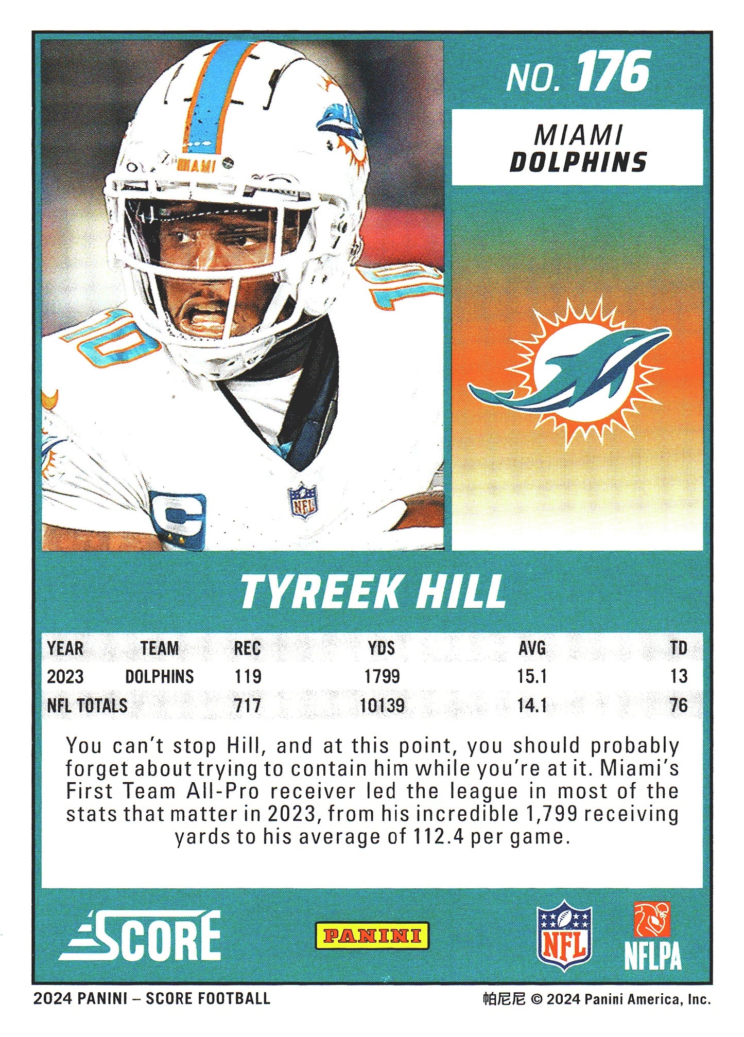 2024 Panini Score Tyreek Hill #176 Miami Dolphins
