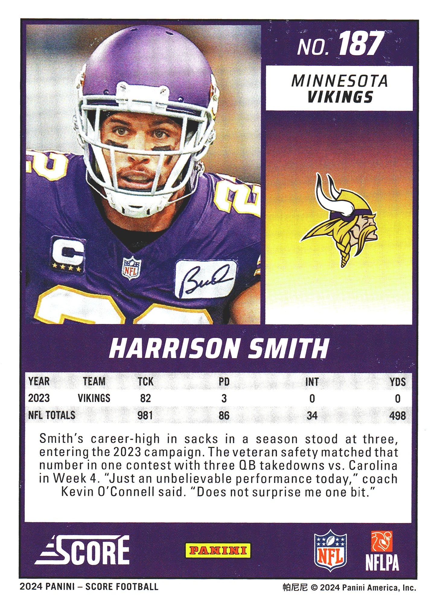 2024 Panini Score Harrison Smith #187 Minnesota Vikings