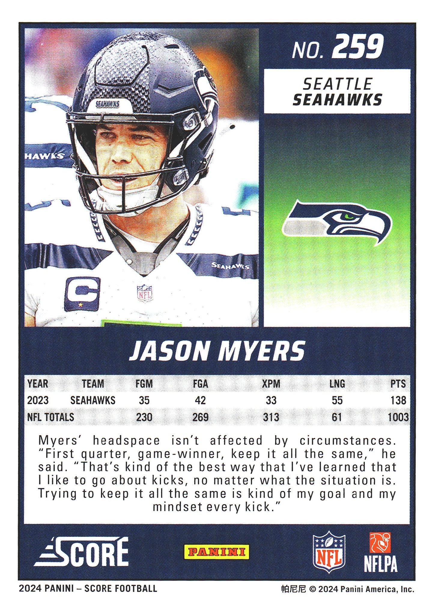 2024 Panini Score Jason Myers #259 Seattle Seahawks