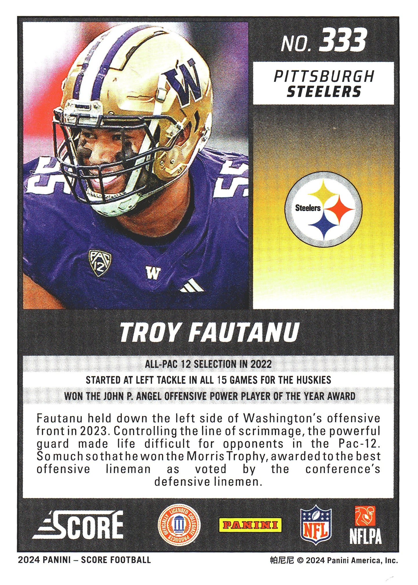 2024 Panini Score Troy Fautanu RC #333 Pittsburgh Steelers