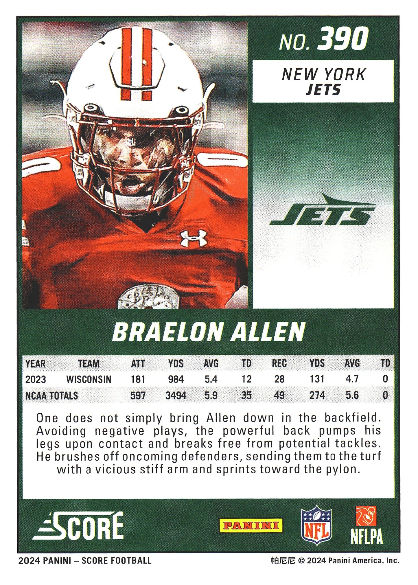 2024 Panini Score Braelon Allen RC #390 New York Jets