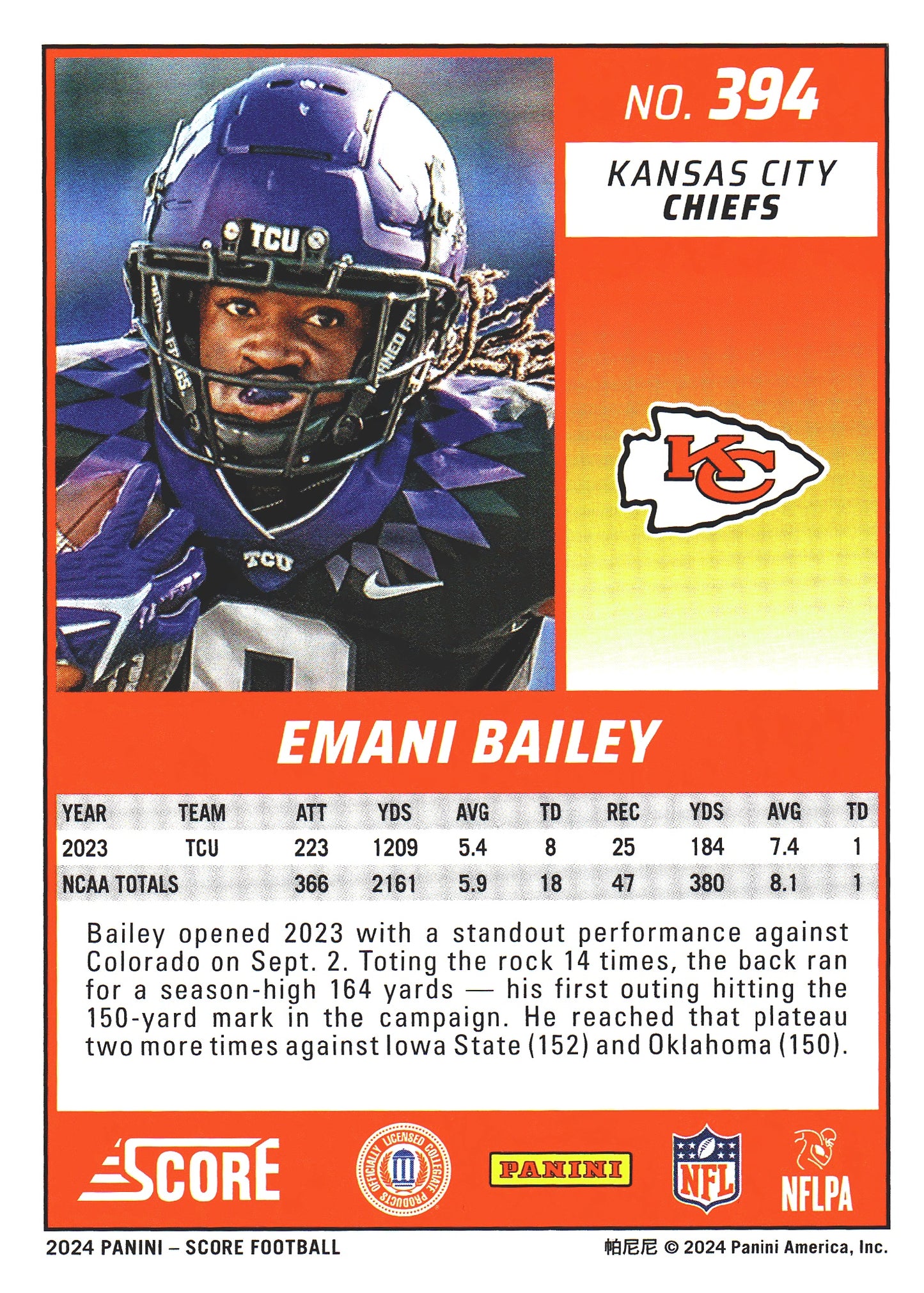 2024 Panini Score Emani Bailey RC #394 Kansas City Chiefs
