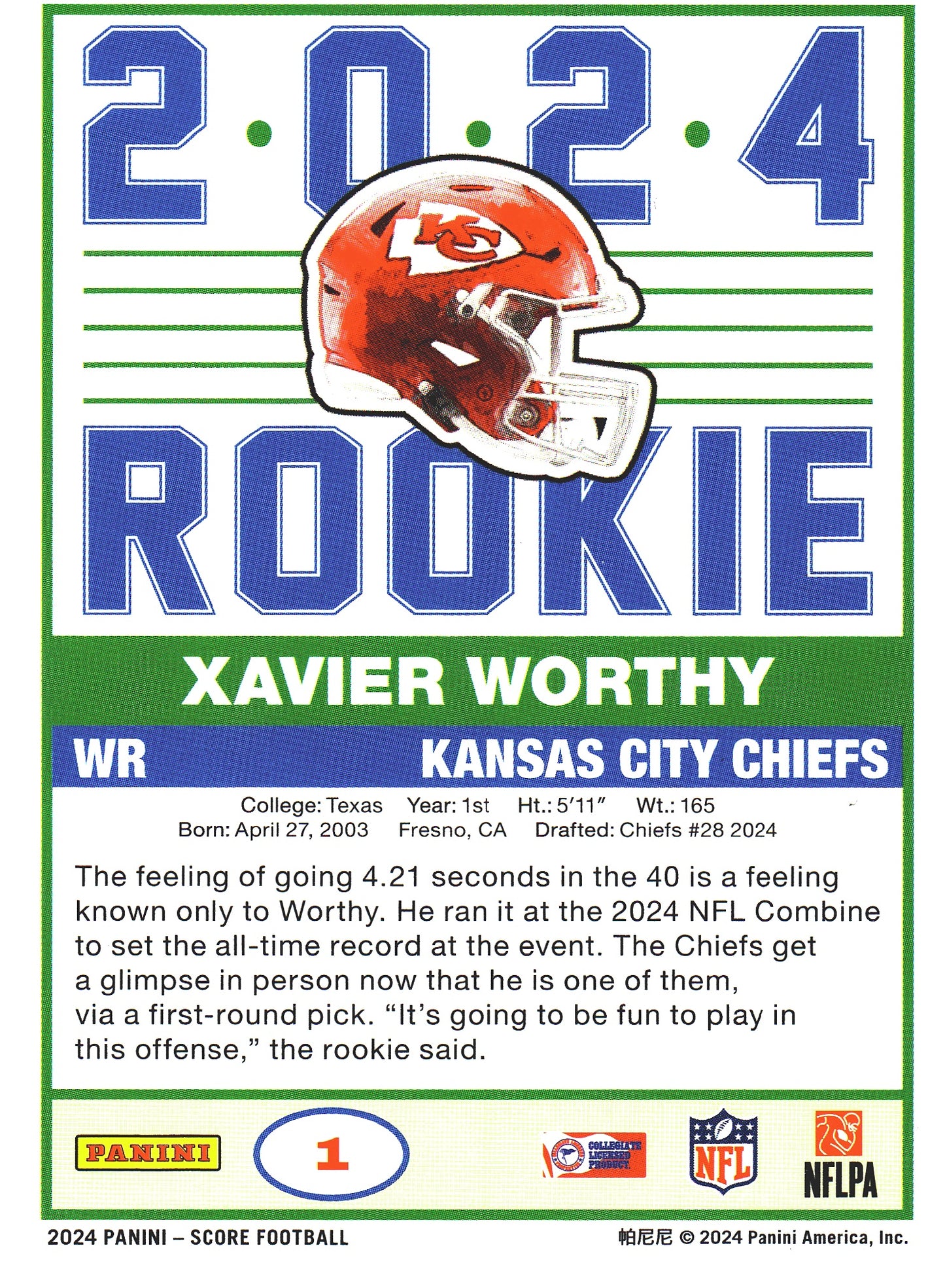 2024 Panini Score Xavier Worthy Rookie #1 Kansas City Chiefs