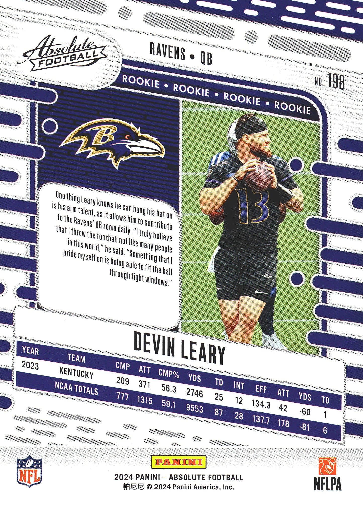 2024 Panini Absolute Devin Leary RC #198 Baltimore Ravens