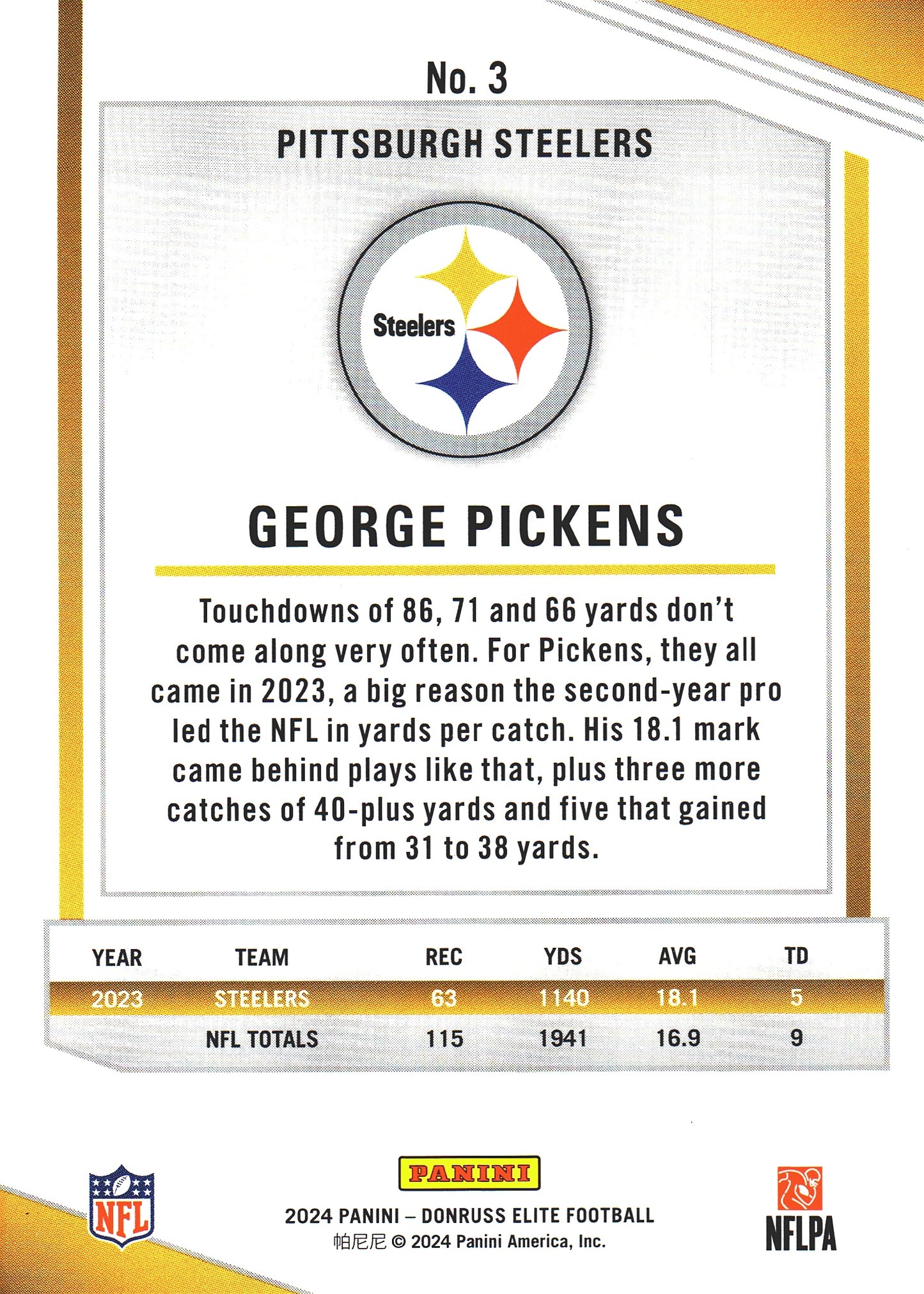2024 Panini Donruss Elite George Pickens #3 Pittsburgh Steelers