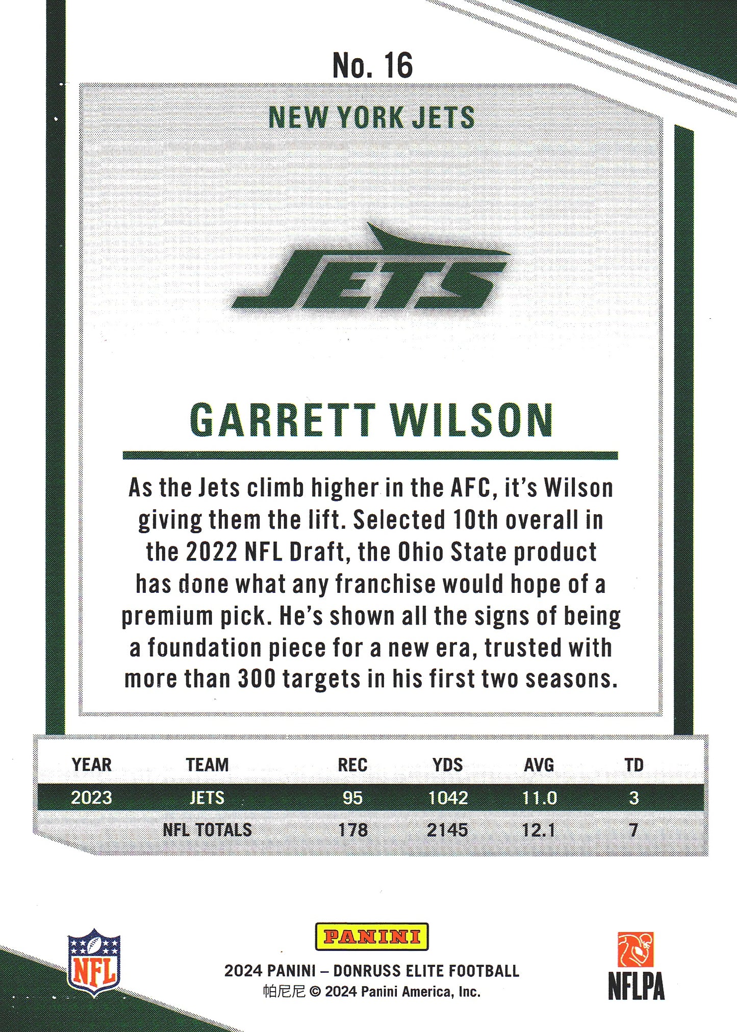 2024 Panini Donruss Elite Garrett Wilson #16 New York Jets