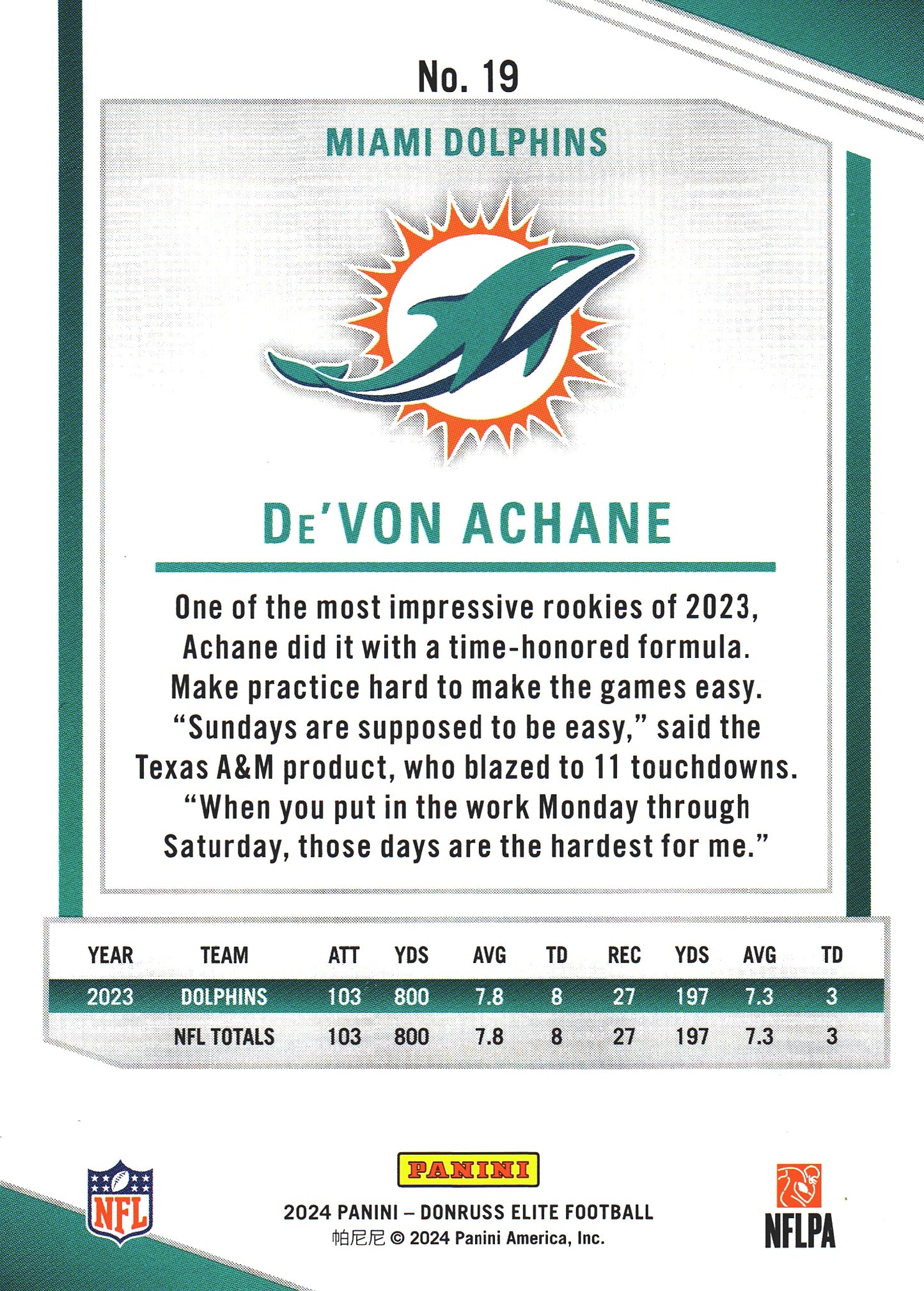 2024 Panini Donruss Elite De'Von Achane #19 Miami Dolphins