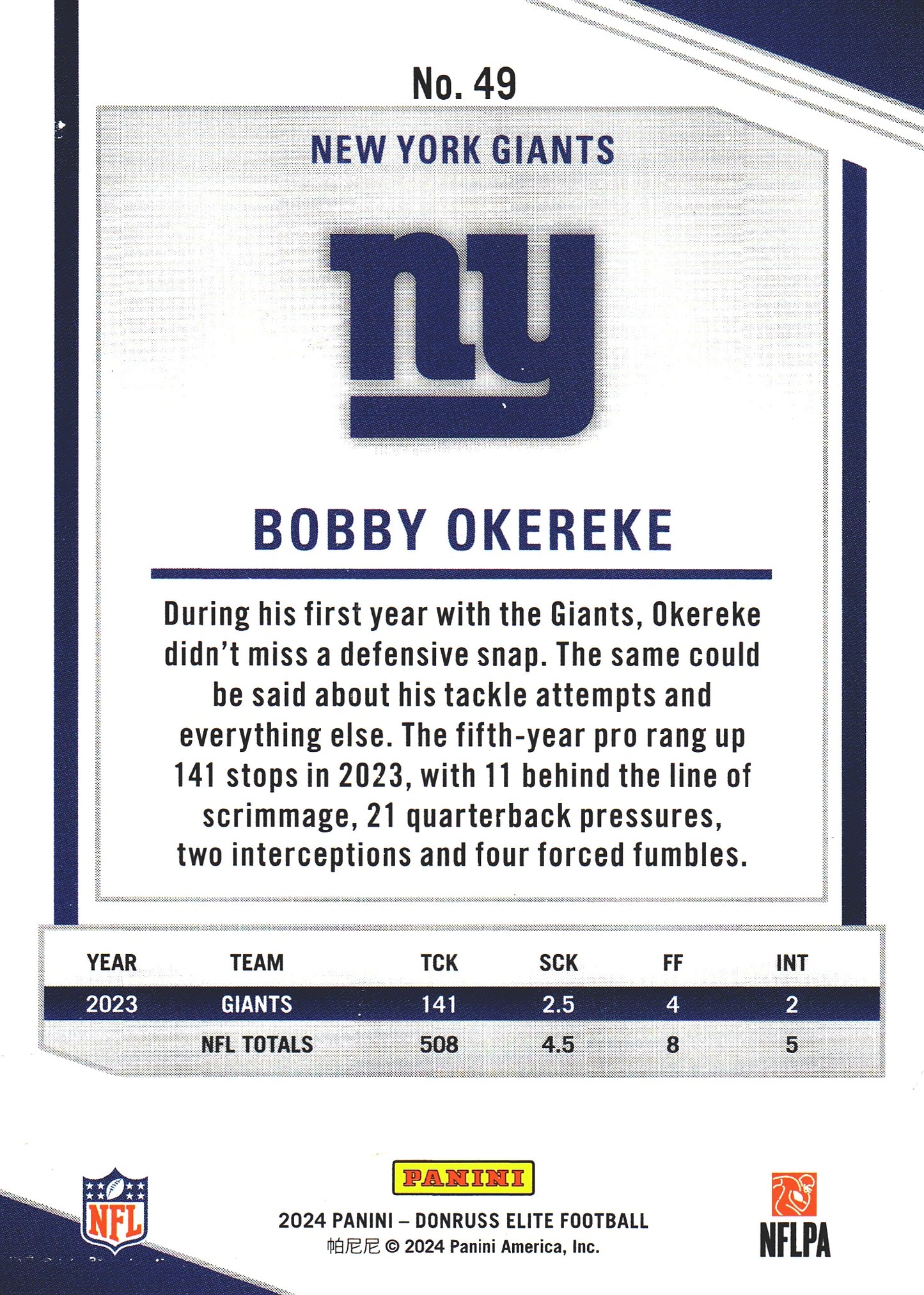 2024 Panini Donruss Elite Bobby Okereke #49 New York Giants