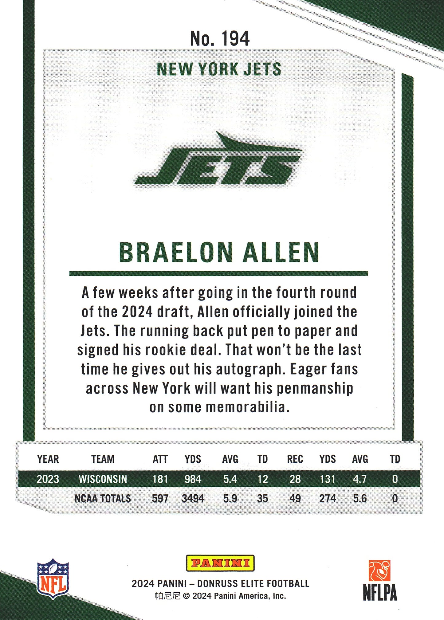 2024 Panini Donruss Elite Pink Braelon Allen RC #194 New York Jets