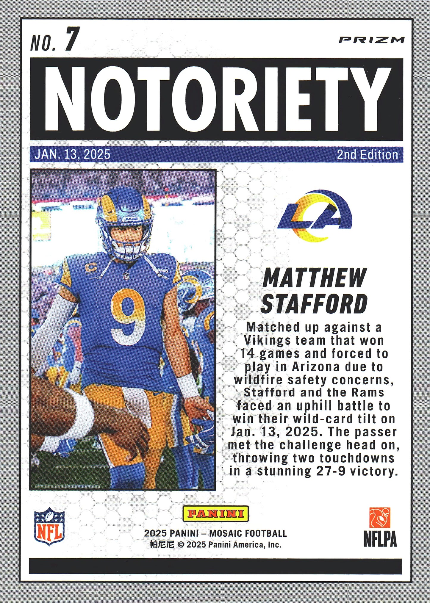 2025 Panini Mosaic Orange Fluorescent Notoriety Matthew Stafford #7 Los Angeles Rams