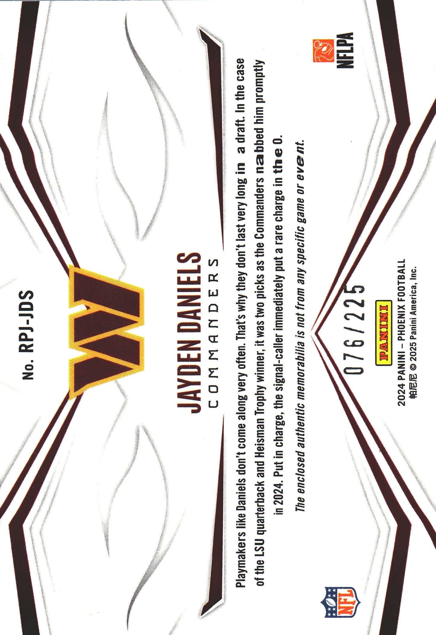 2024 Panini Phoenix Rookie Phenom Patch Jayden Daniels RC /225 #RPJ-JDS Washington Commanders