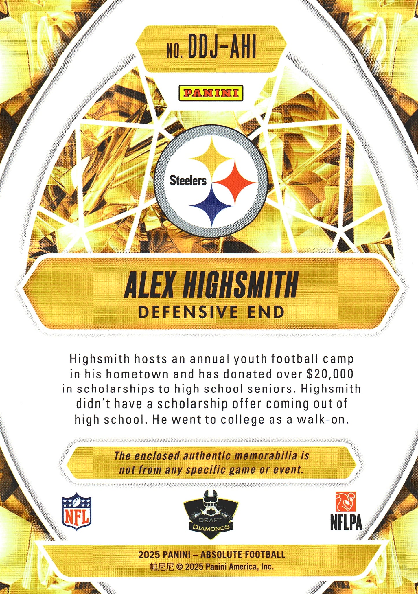 2025 Panini Absolute Draft Diamonds Patch Alex Highsmith #DDJ-AHI Pittsburgh Steelers