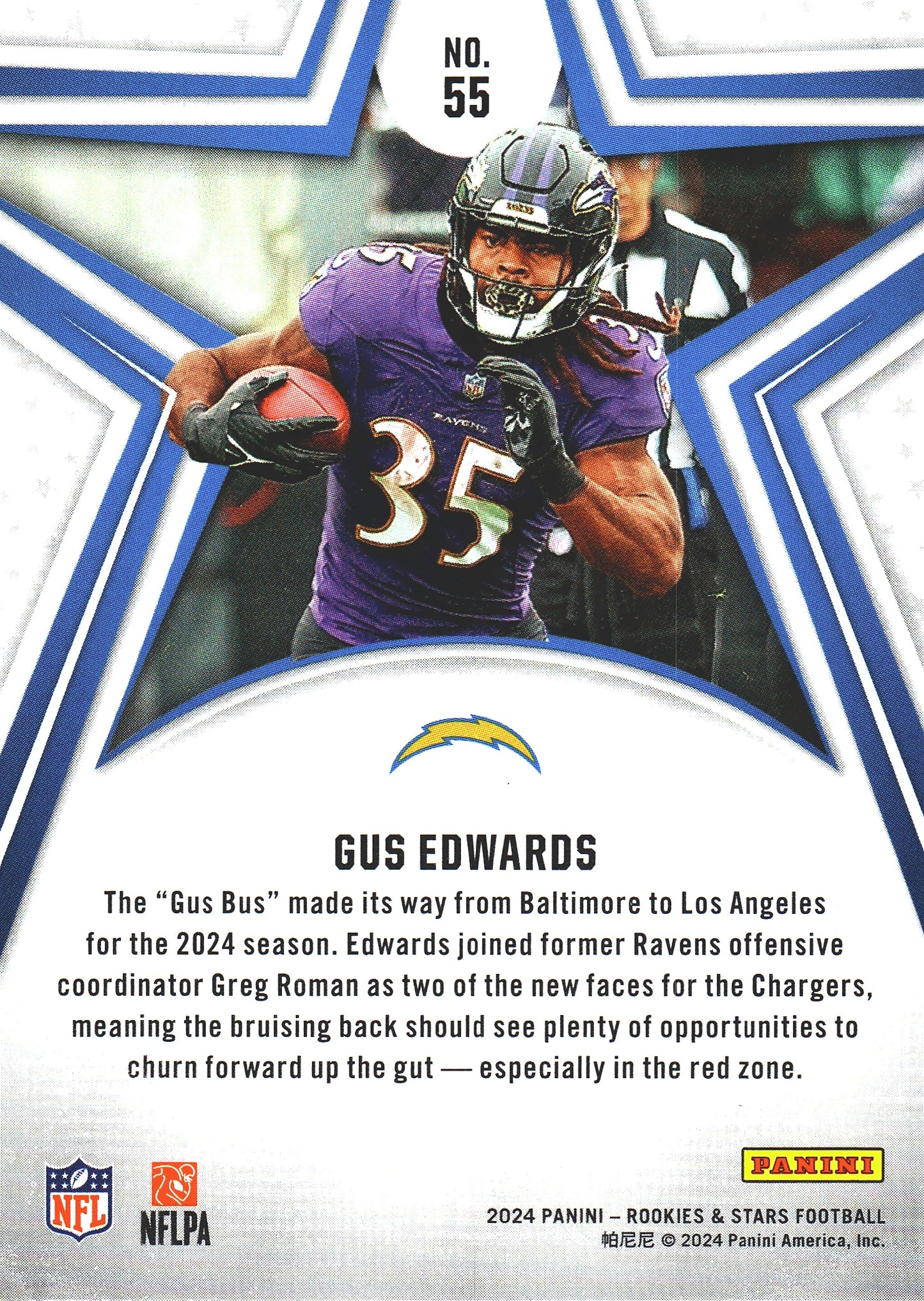 2024 Panini Rookie & Stars Gus Edwards #55 Los Angeles Chargers