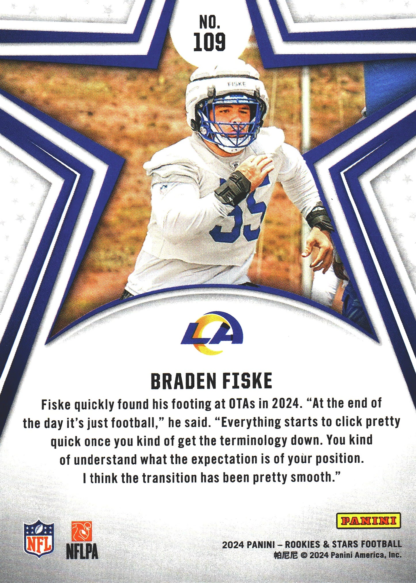 2024 Panini Rookie & Stars Braden Fiske RC #109 Los Angeles Rams