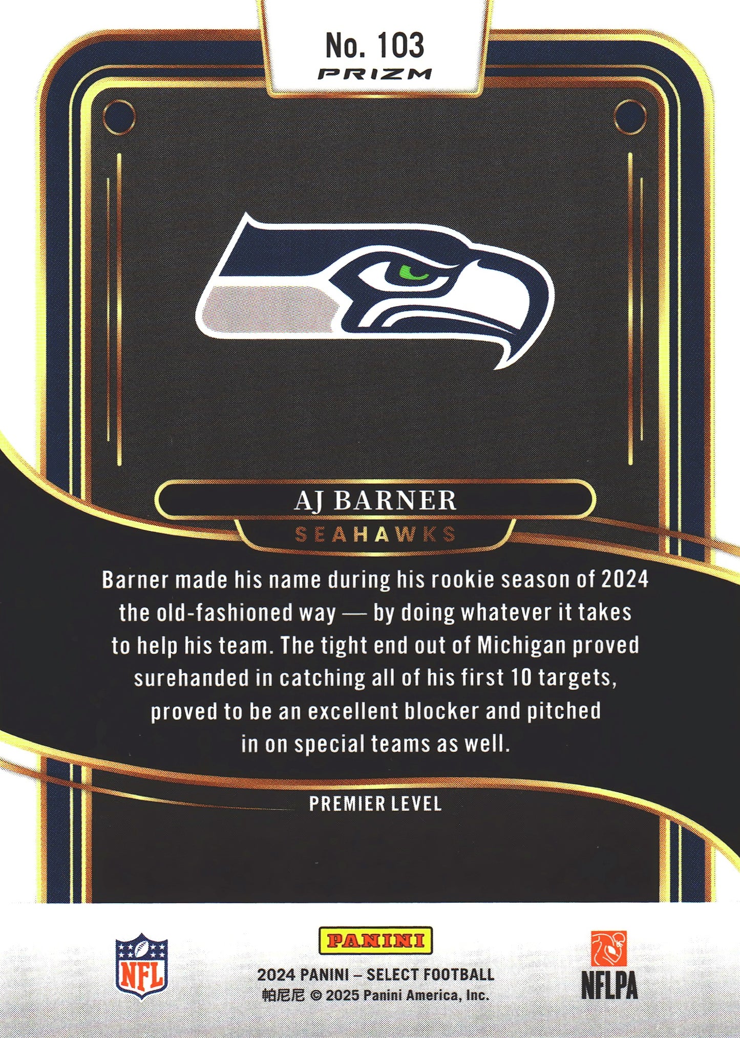 2024 Panini Select Silver Prizm AJ Barner RC #103 Seattle Seahawks