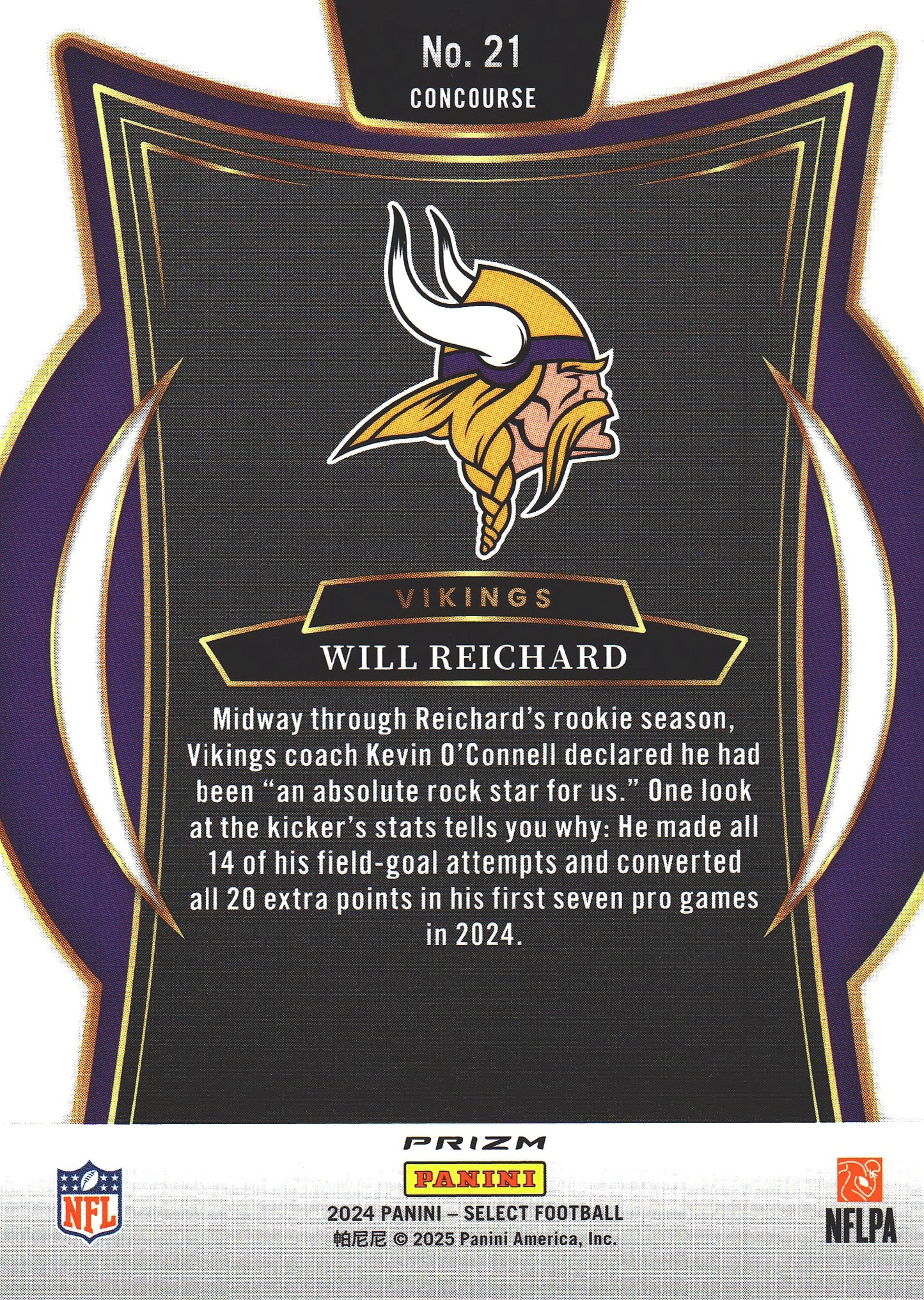 2024 Panini Select Silver Prizm Will Reichard RC #21 Minnesota Vikings