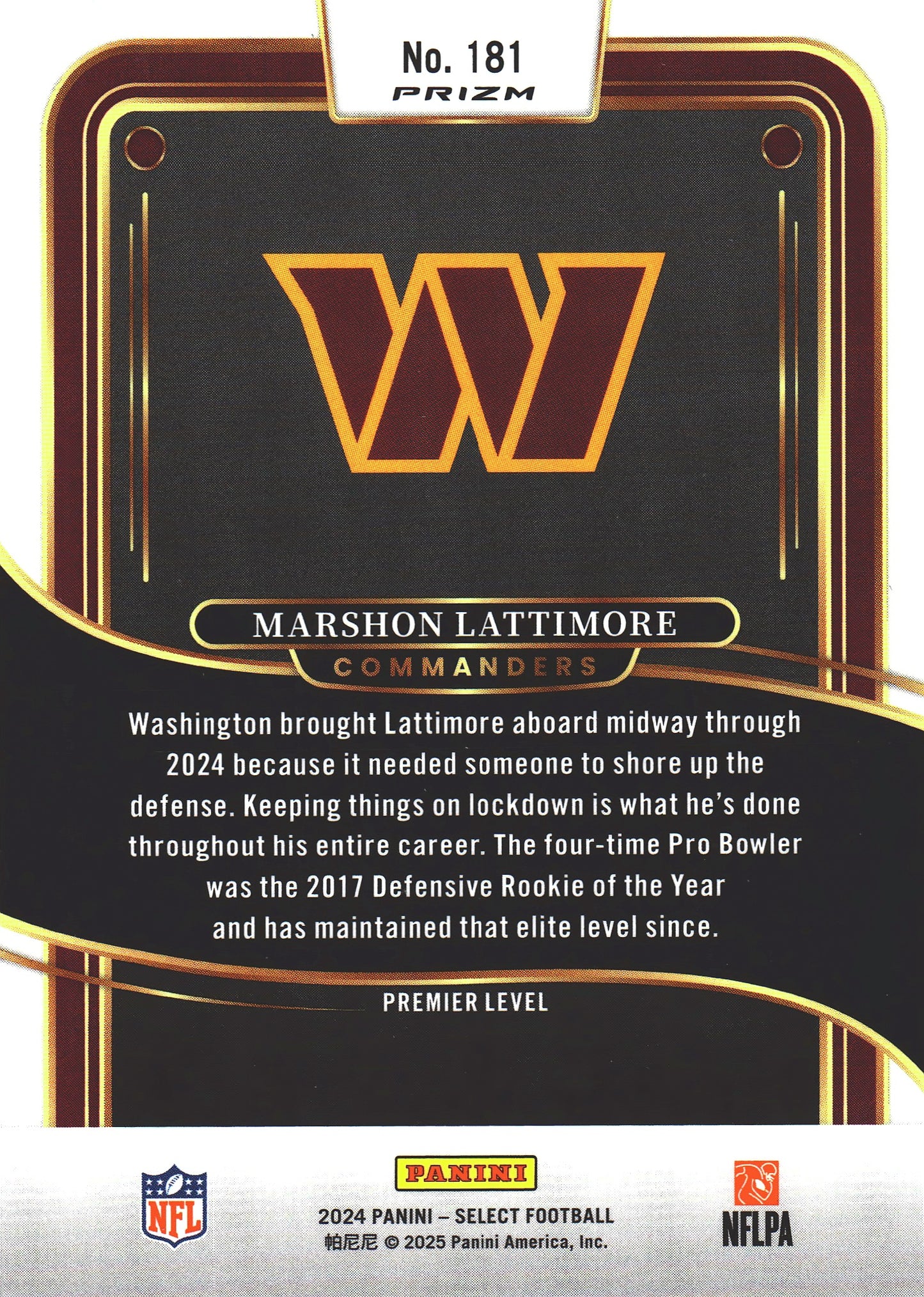 2024 Panini Select Red & Yellow Marshon Lattimore #181 Washington Commanders