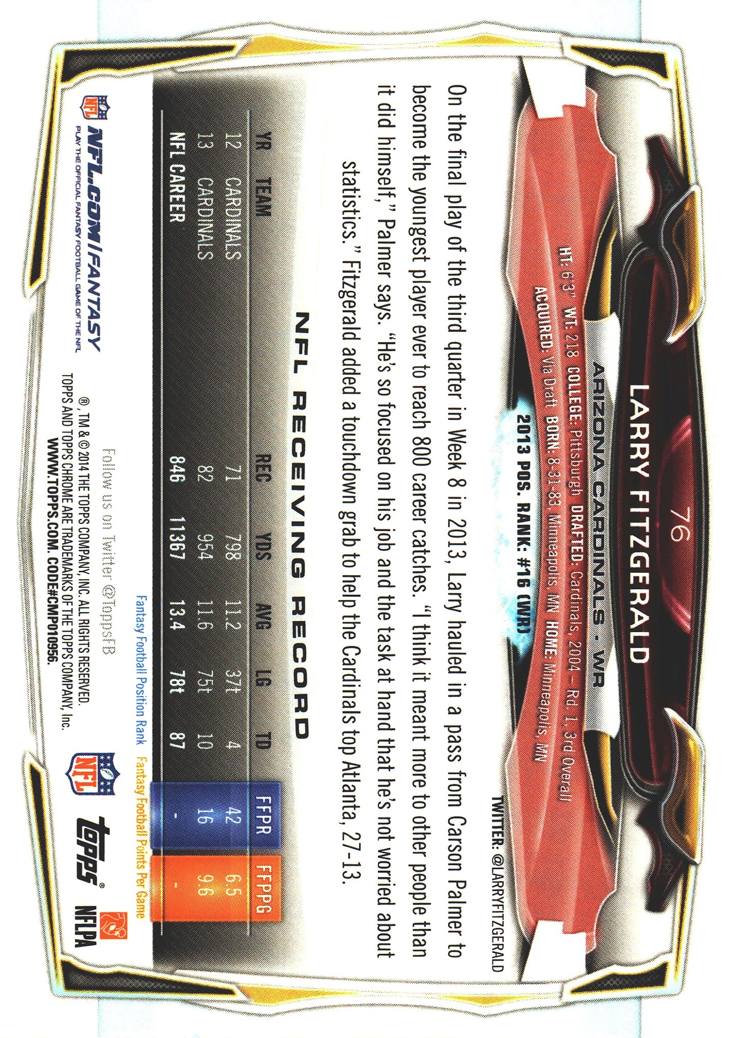 2014 Topps Chrome NFL Larry Fitzgerald Refractor #76 Arizona Cardinals