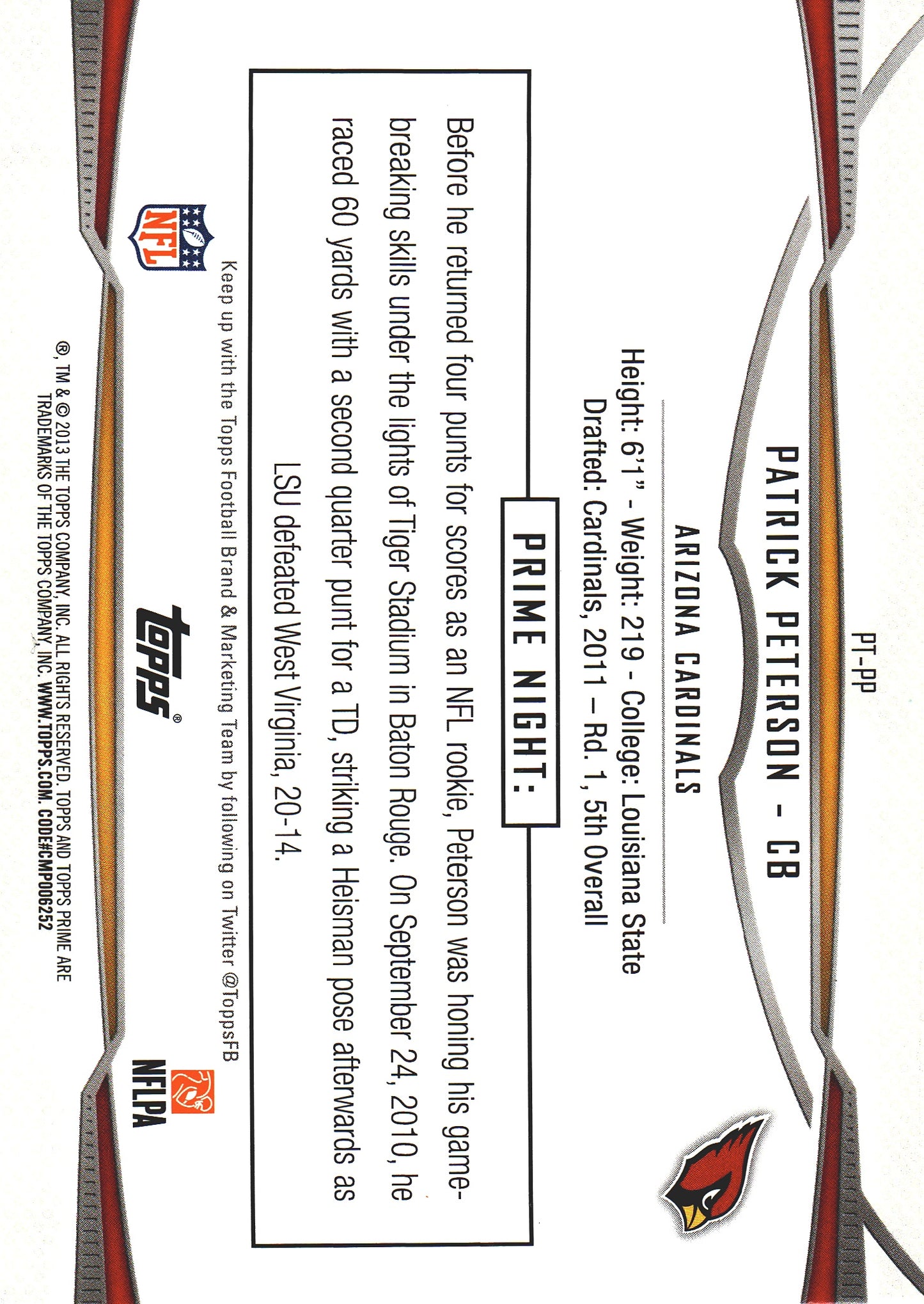 2013 Topps Prime PrimeTimers Patrick Peterson #PT-PP Arizona Cardinals