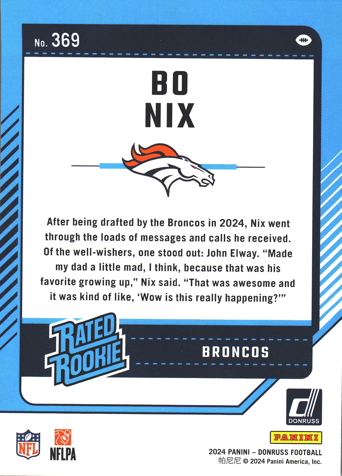 2024 Panini Donruss Rated Rookie Bo Nix RC #369 Denver Broncos