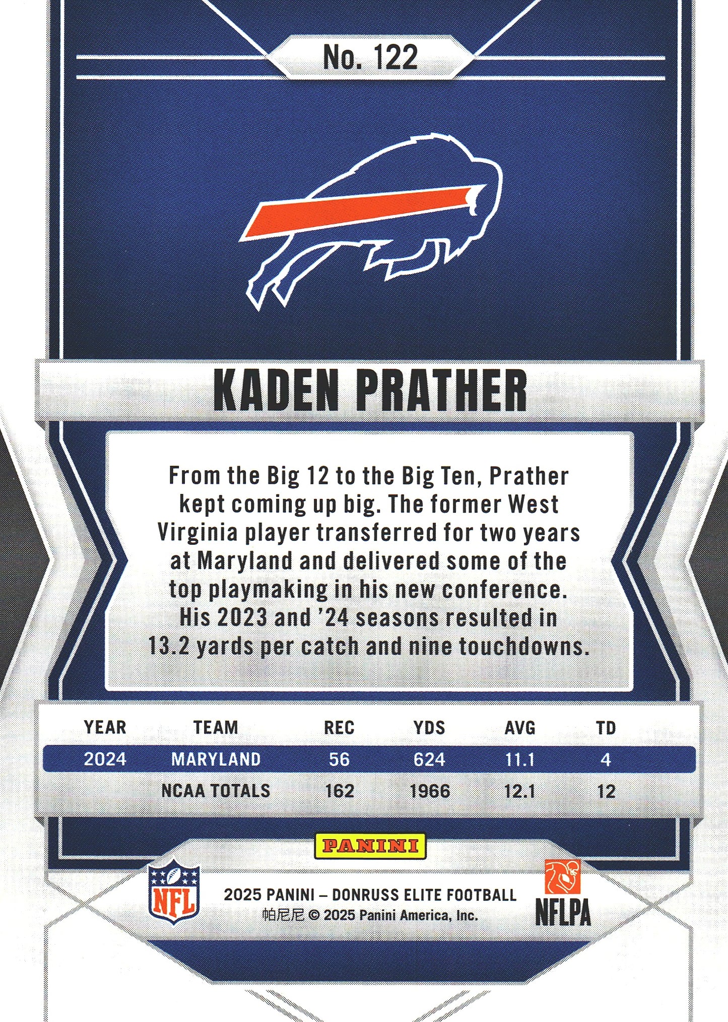 2025 Panini Donruss Elite Kaden Prather RC /999 #122 Bills