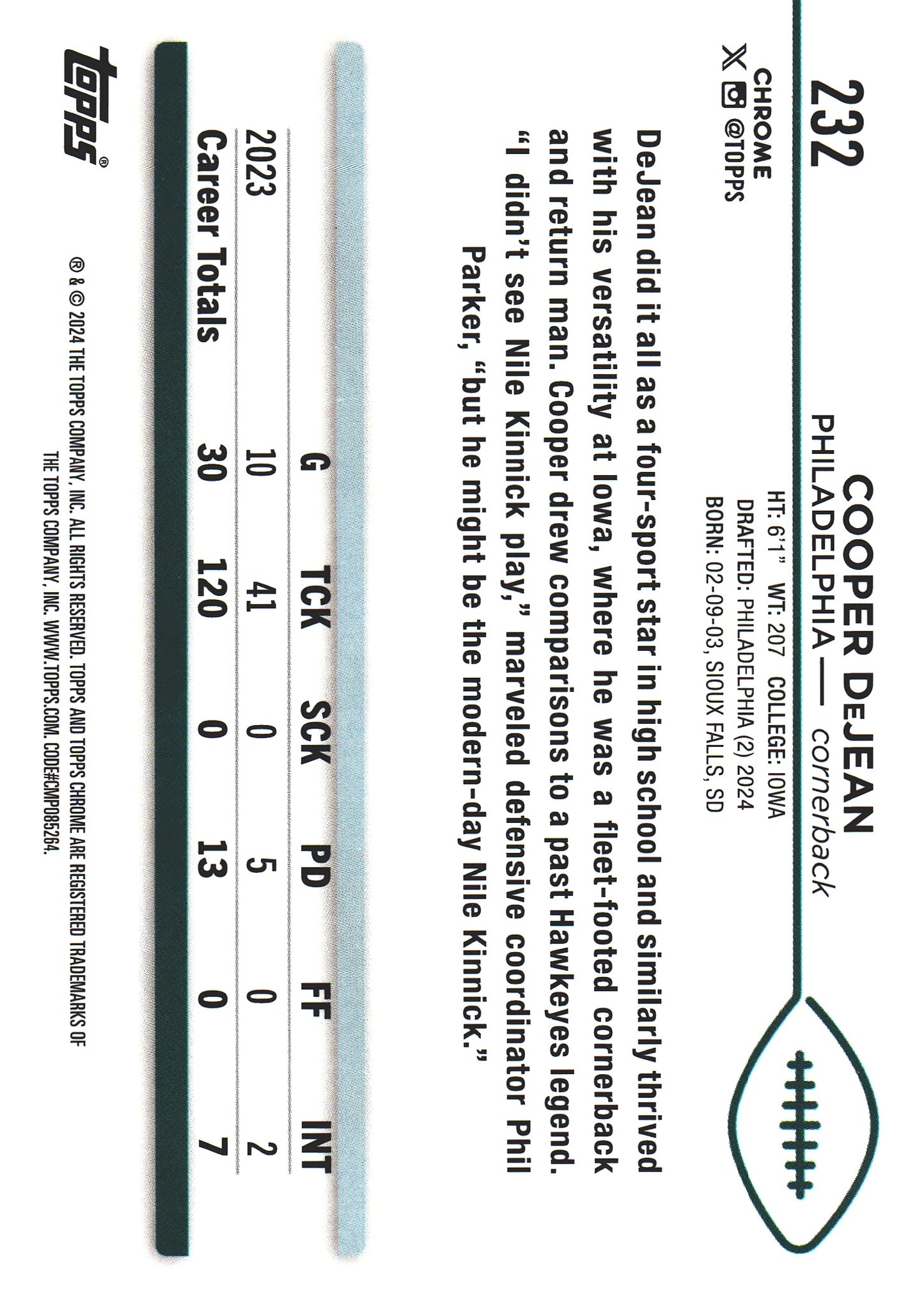 2024 Topps Chrome Cooper DeJean X-Fractor RC #232 Philadelphia Eagles