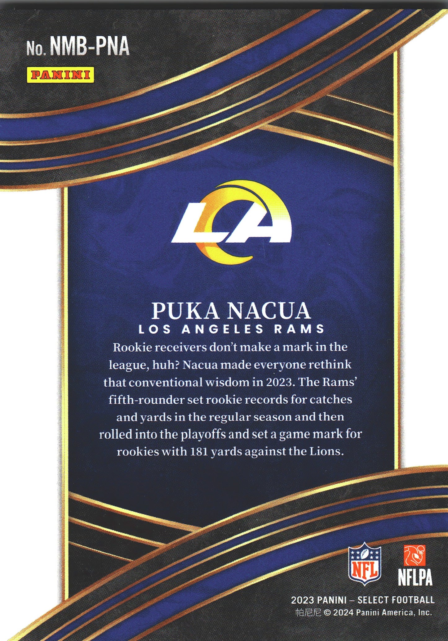2023 Panini Select Numbers Puka Nacua RC #NMB-PNA Los Angeles Rams