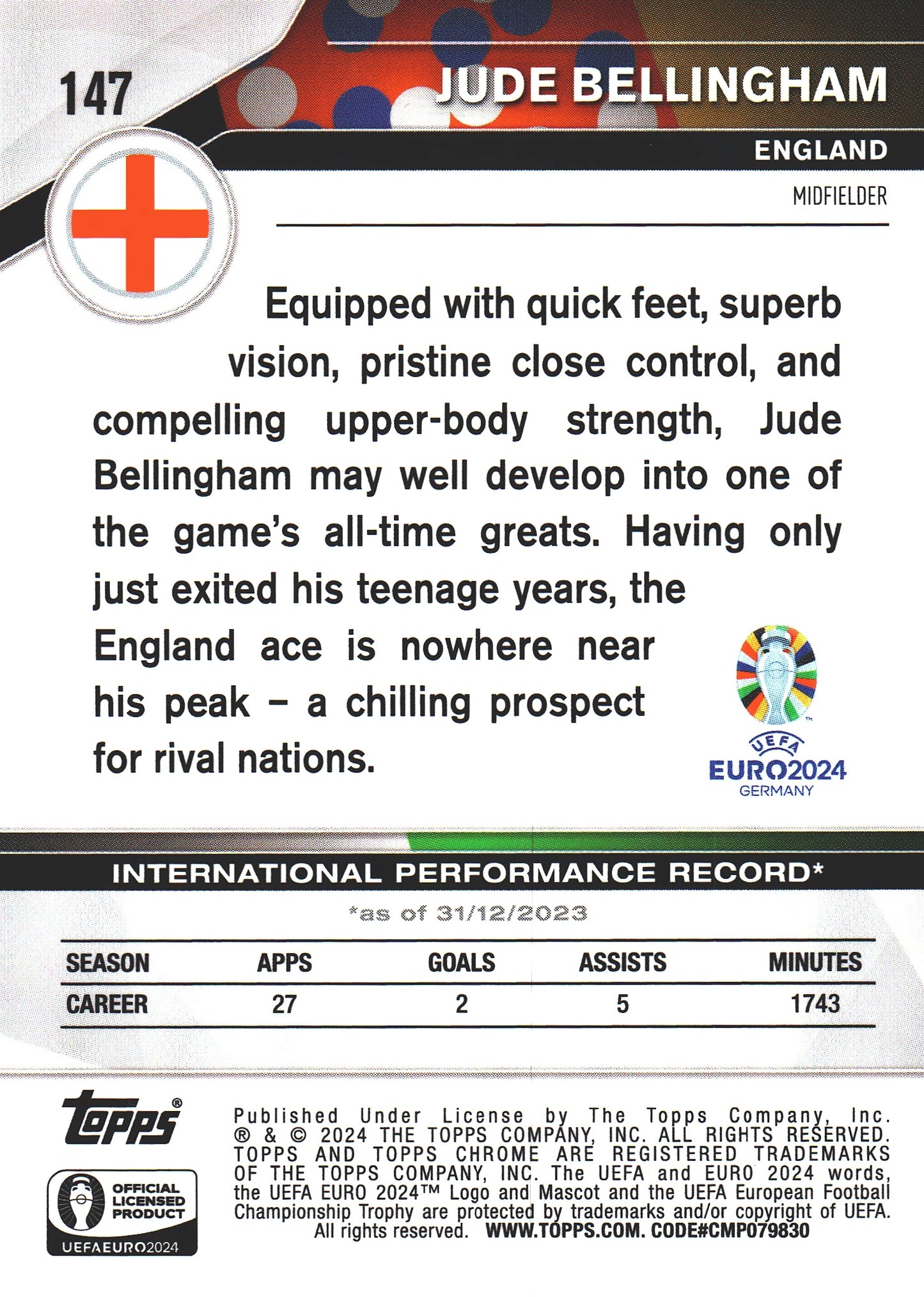 2024 Topps Chrome Euro 2024 Jude Bellingham Heroes Case Hit #147 Angleterre