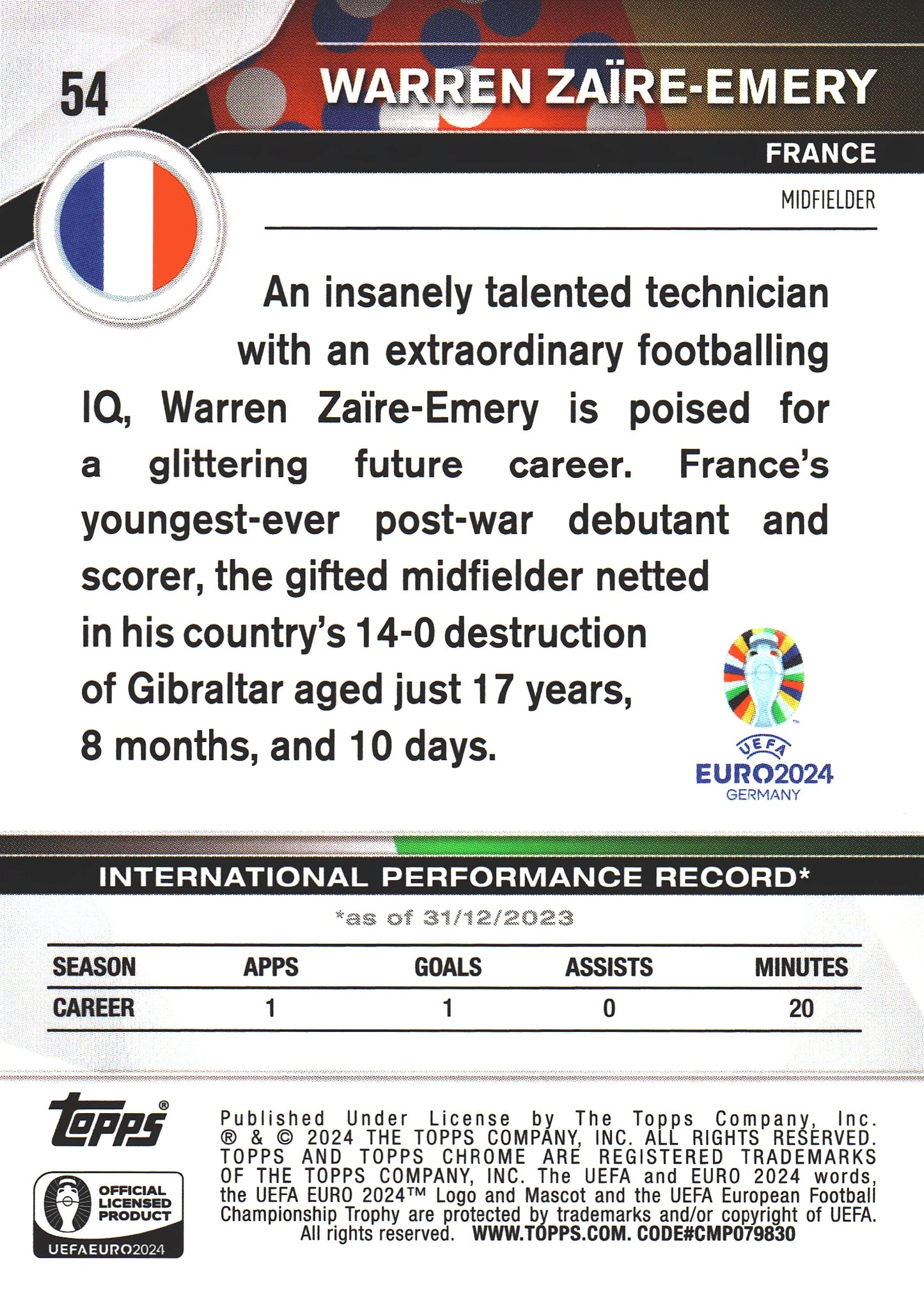 2024 Topps Chrome Sapphire Euro 2024 Warren Zaïre-Emery Gold /50 National Debut RC #54 France