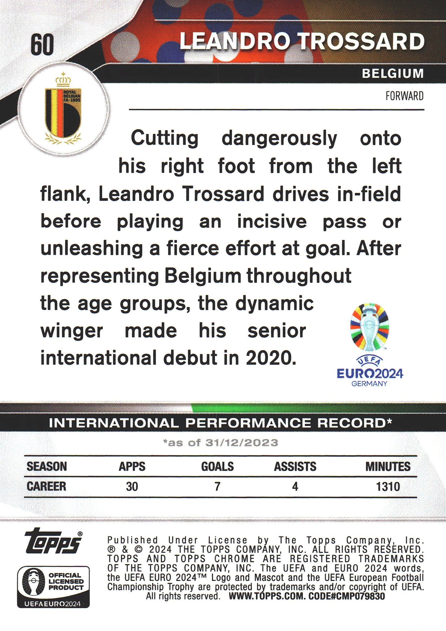 2024 Topps Chrome Sapphire Euro 2024 Leandro Trossard Gold /50 #60 Belgique