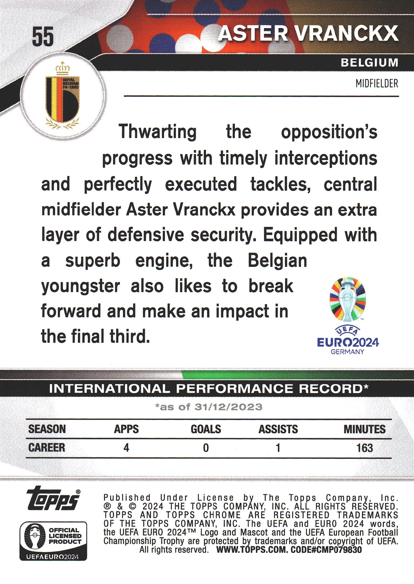 2024 Topps Chrome Sapphire Euro 2024 Aster Vranckx Orange /25 National Debut RC #55 Belgique