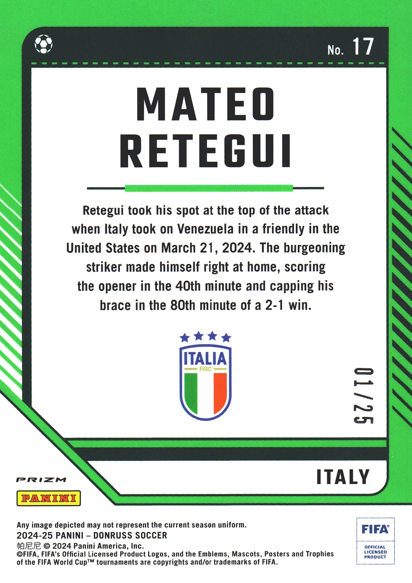 2024 Panini Donruss Optic FIFA Mateo Retegui Purple Mojo /25 #17 Italie