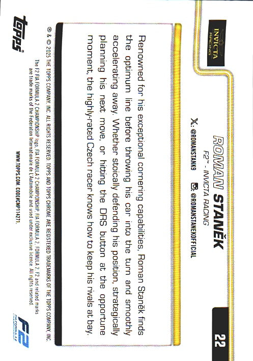 2025 Topps Chrome Formula 1 Roman Stanek #22 Invicta Racing