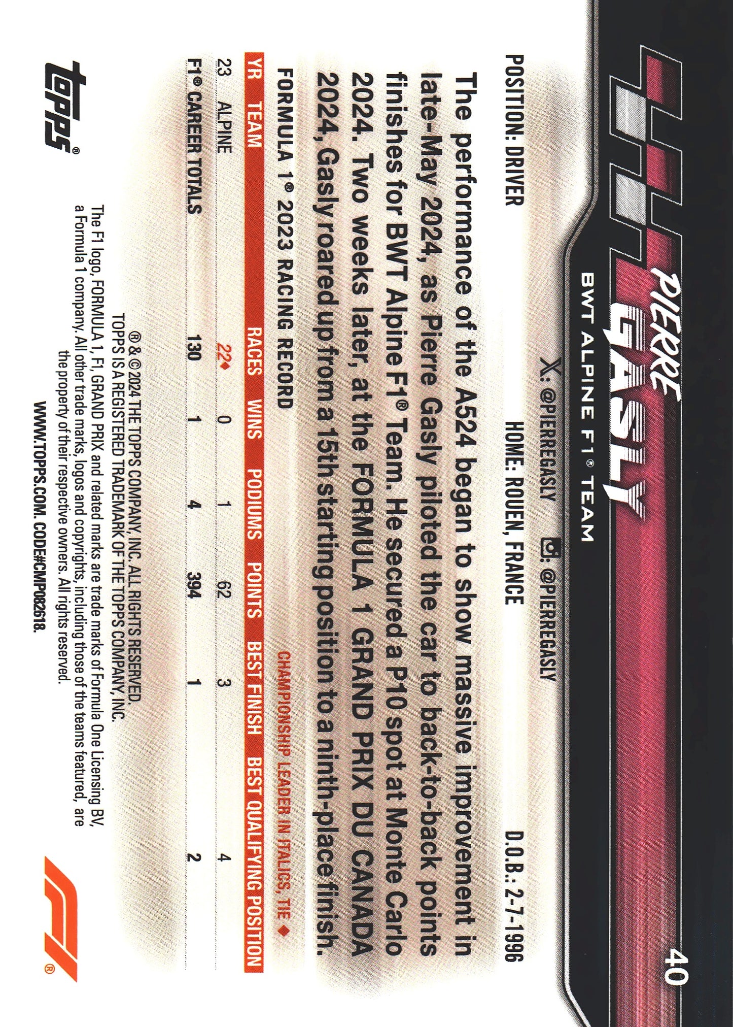 2024 Topps Chrome Formula 1 Pierre Gasly Chrome Orange Refractor /99 #40 Alpine