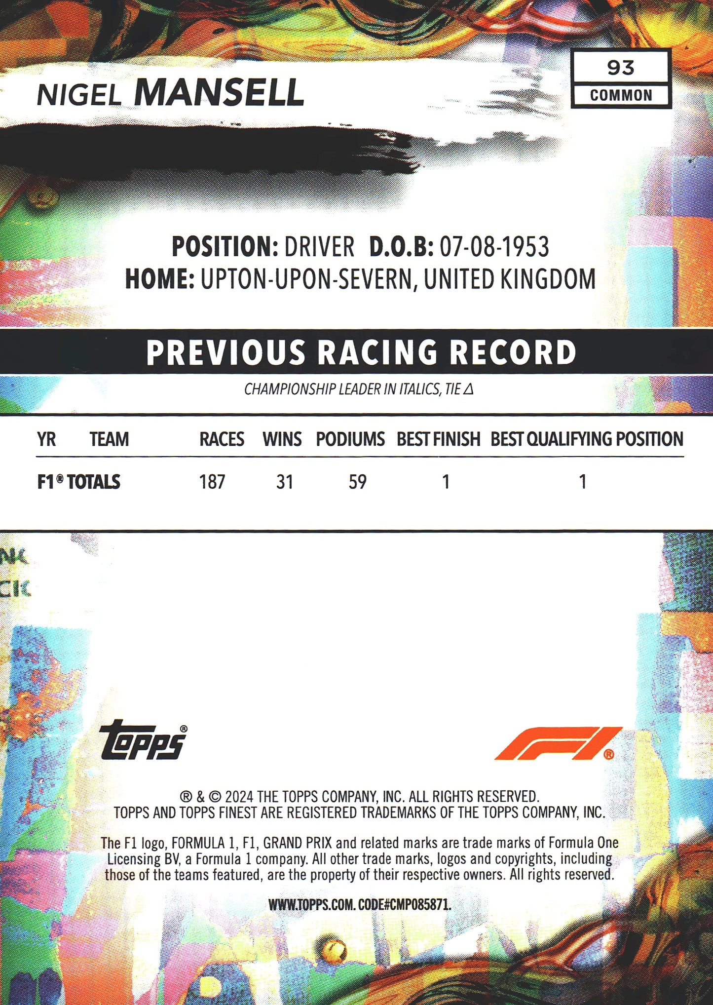 2024 Topps Finest Formula 1 Nigel Mansell #93 Williams