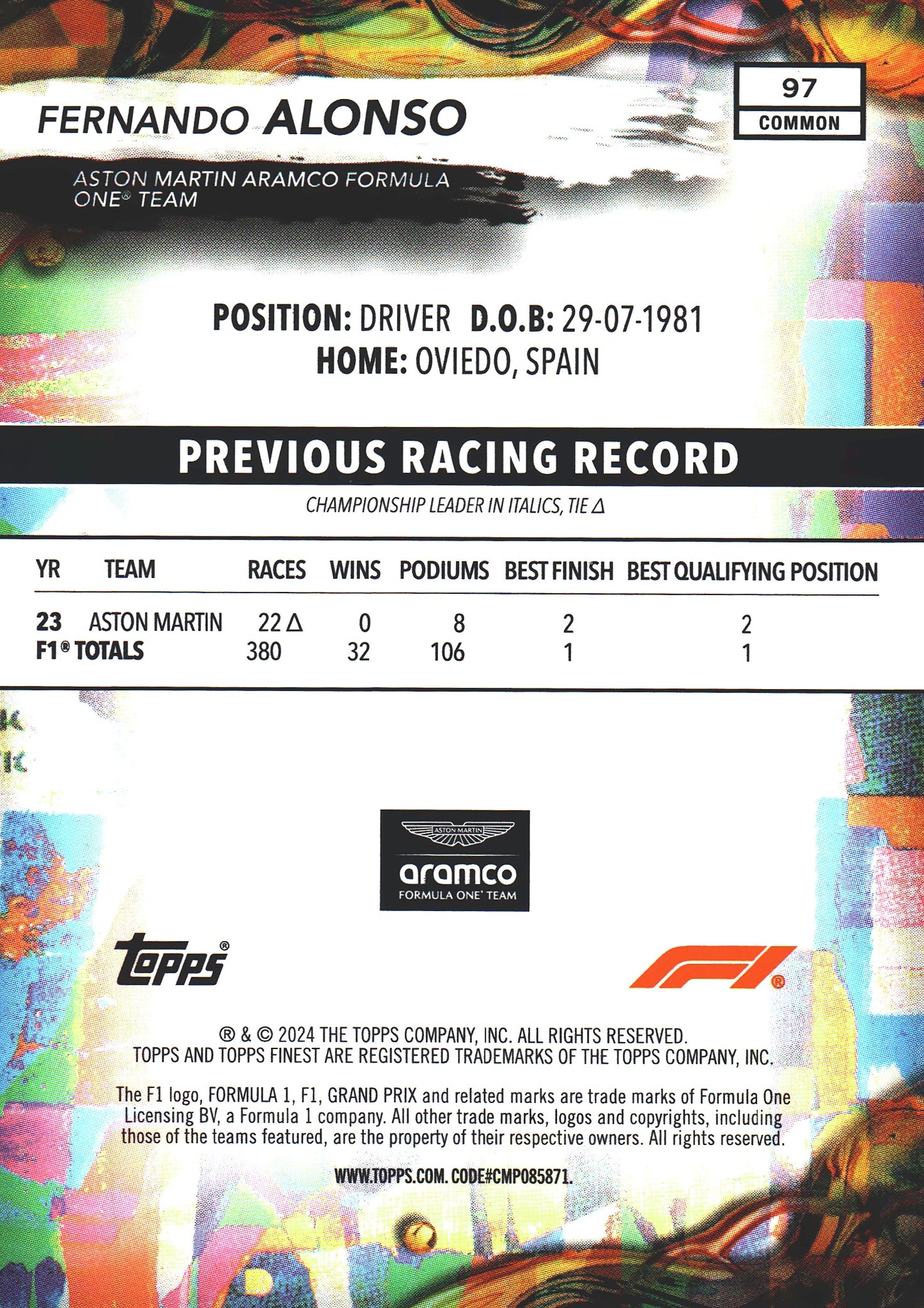 2024 Topps Finest Formula 1 Fernando Alonso #97 Aston Martin