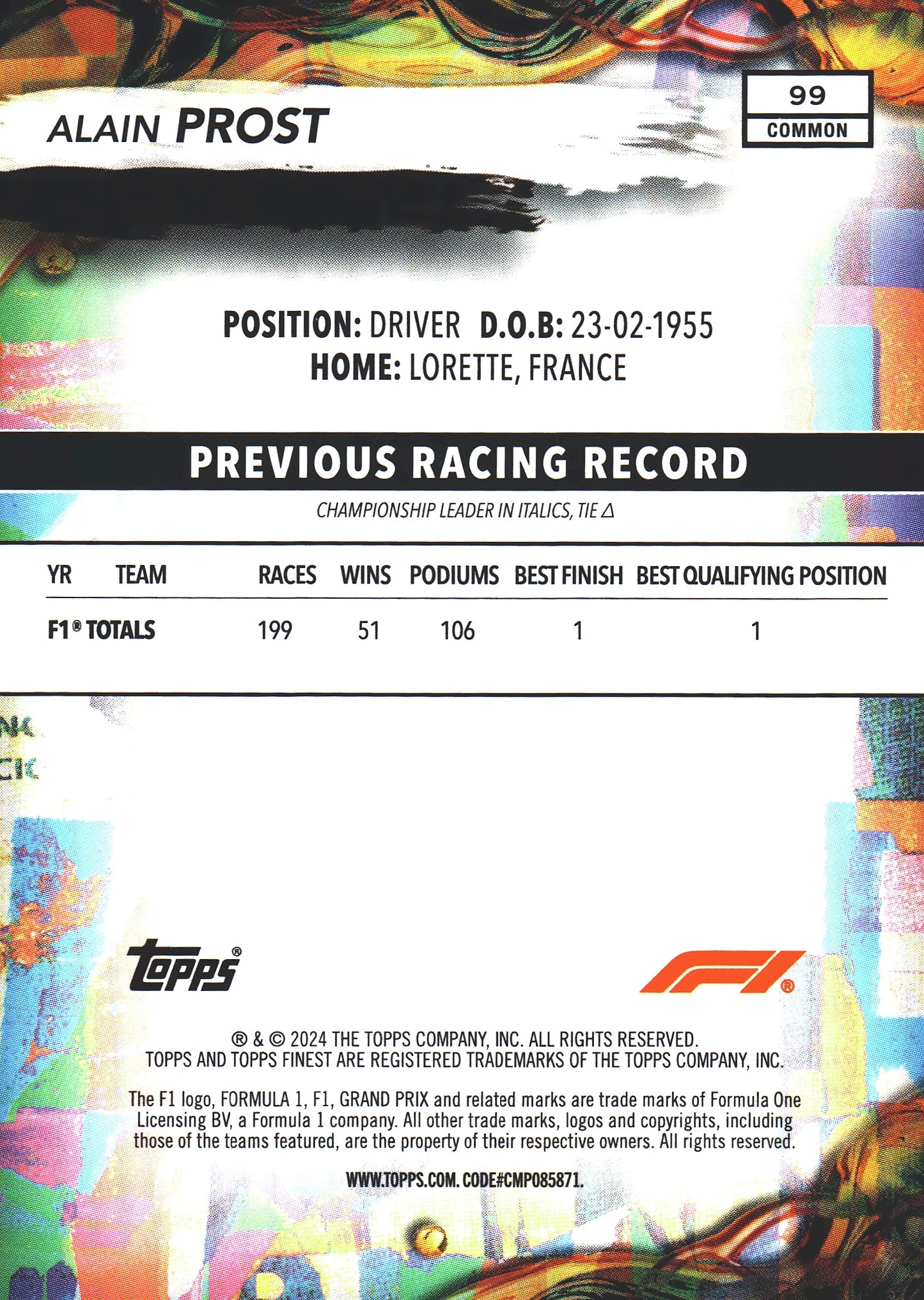 2024 Topps Finest Formula 1 Alain Prost #99 McLaren