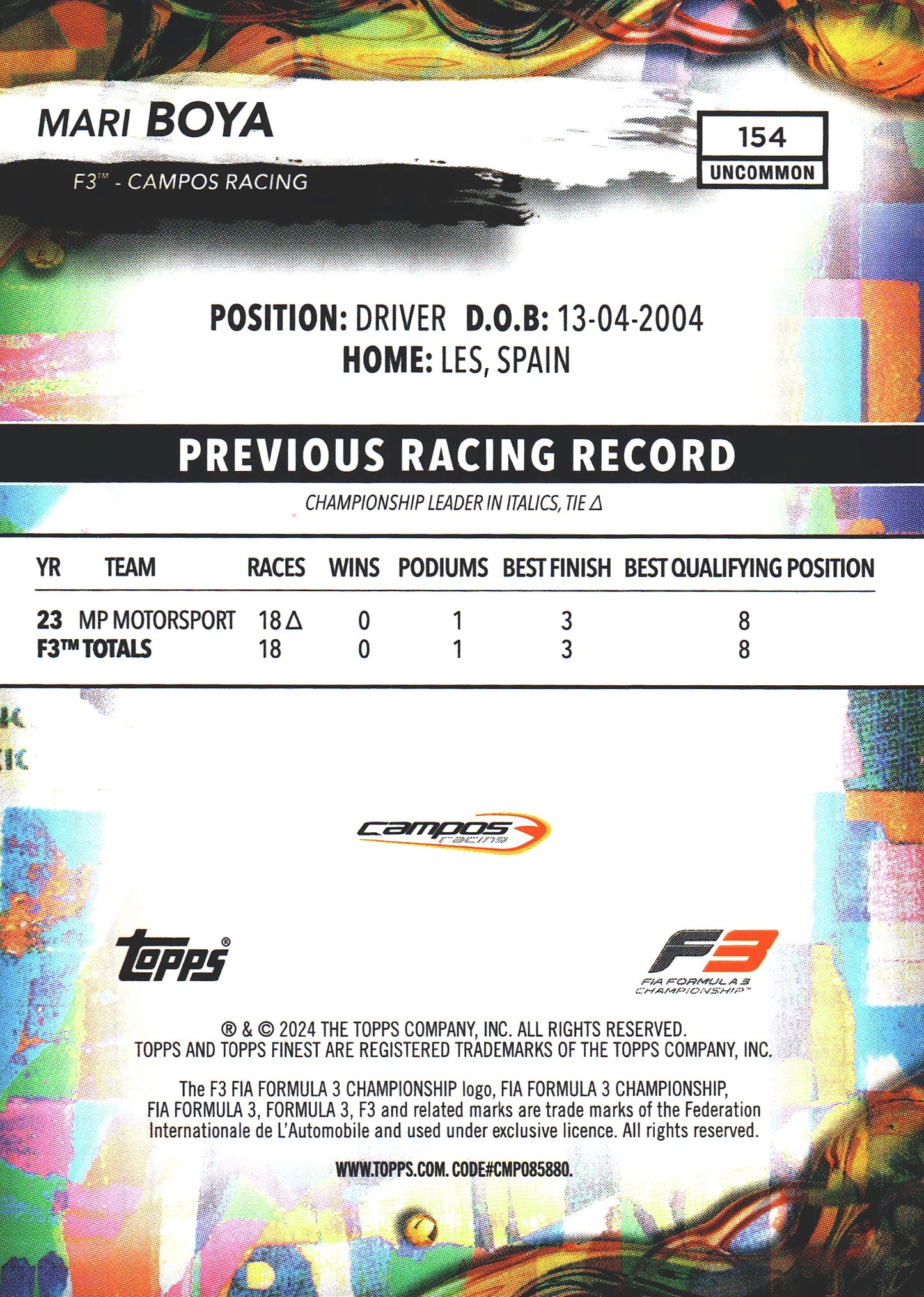 2024 Topps Finest Formula 1 Mari Boya RC Blue /150 #154 Campos Racing