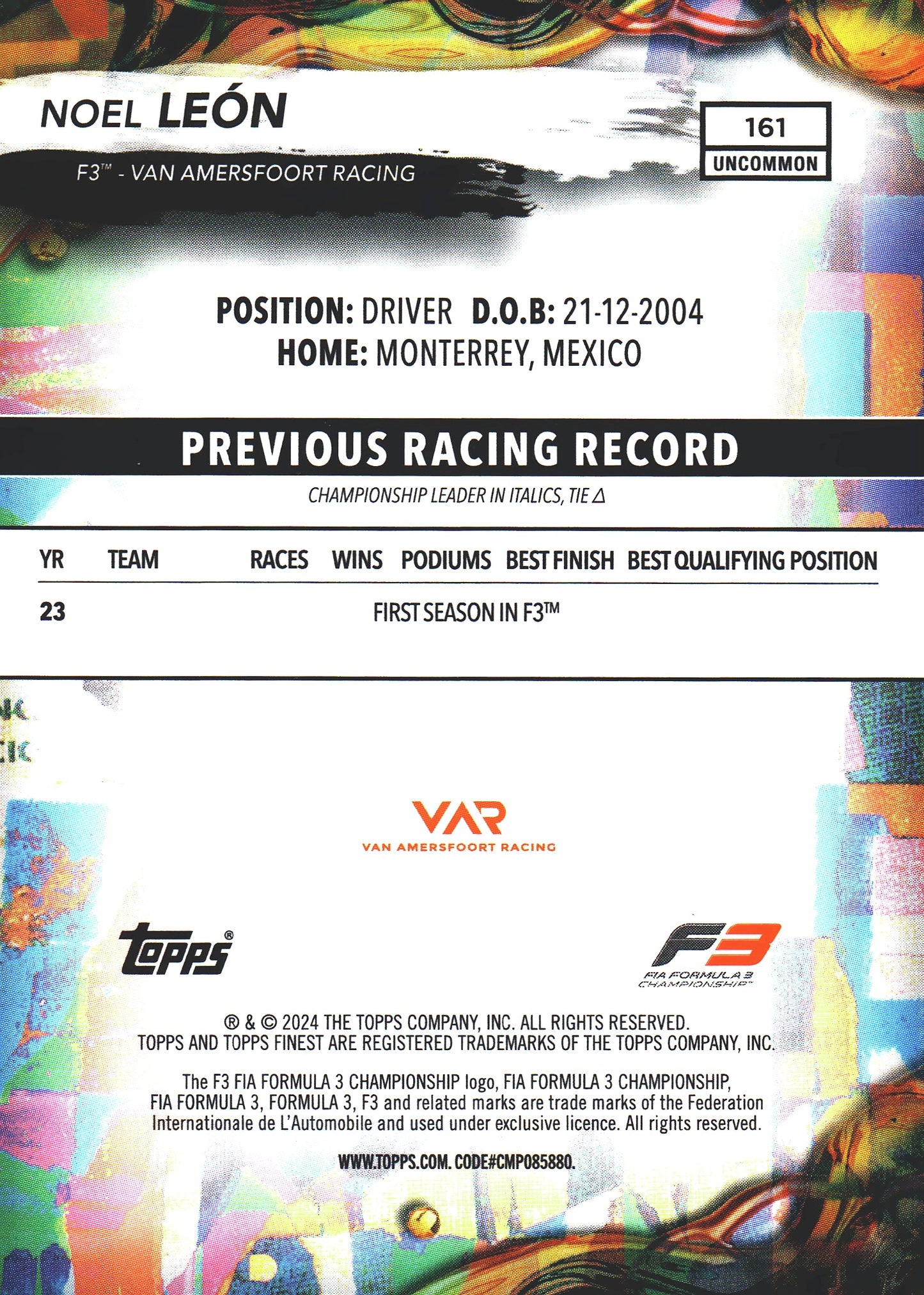 2024 Topps Finest Formula 1 Noel Leon RC Blue /150 #151 Van Amersfoort Racing