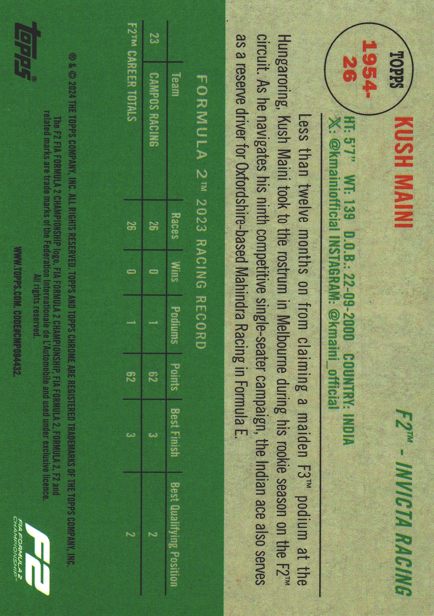 2024 Topps Chrome Formula 1 Logofractor Kush Maini Orange /25 #1954-26 Invicta