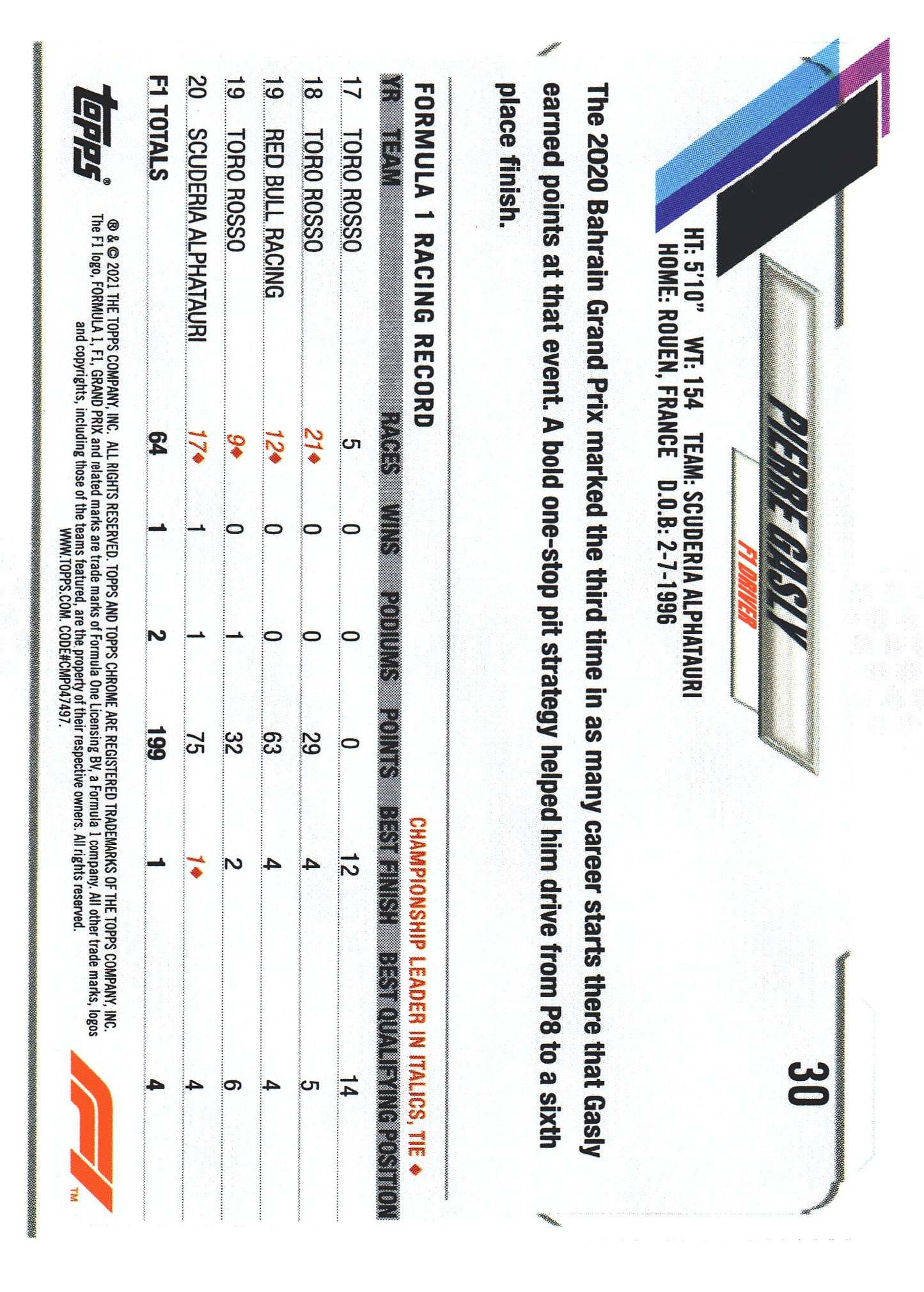 2021 Topps Chrome Formula 1 Purple And Green SP Pierre Gasly #30 AlphaTauri